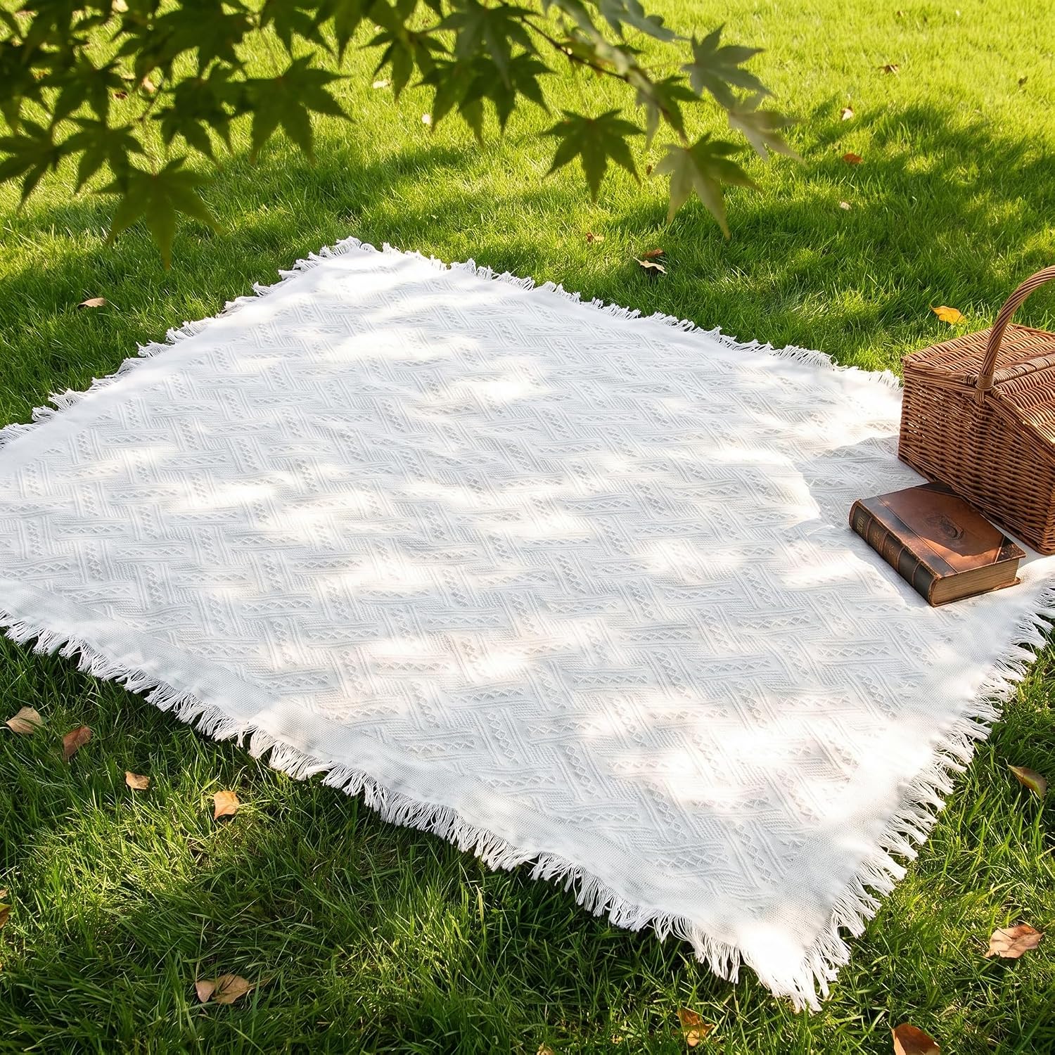 70x70 Bohemian Picnic Mat Extra Large, Sand Proof Outdoor Camping Blanket Machine Washable, Lightweight Portable Travel Tarp for 5-7 Adults Beach Park Grass (White-T-Grid)