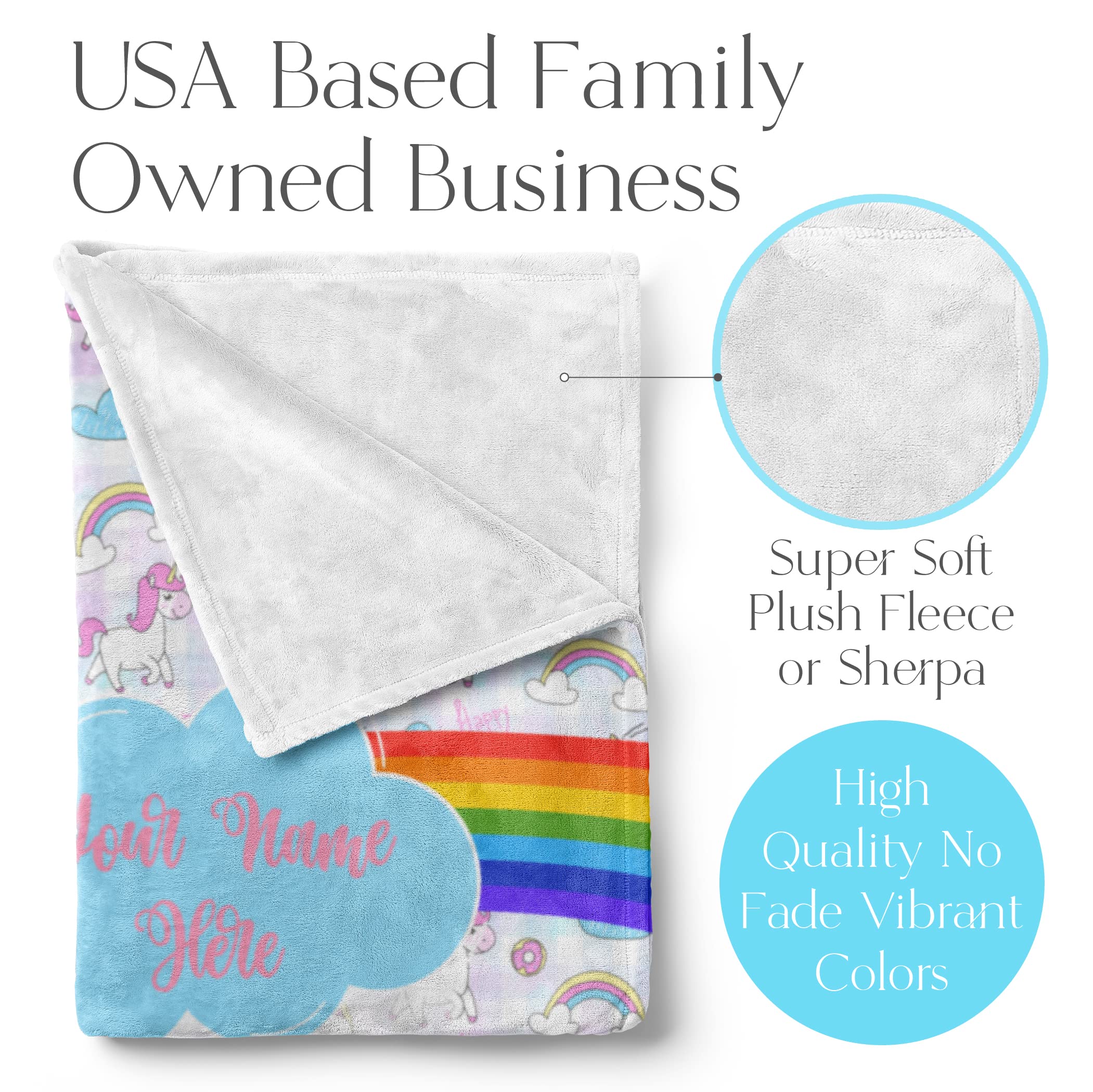 Personalized Rainbow Unicorn Throw Blanket for Girls and Boys with Custom Name, Cute Soft Bedding for Nursery Room or Tummy Play, Warm and Plush (Fleece 30x40)