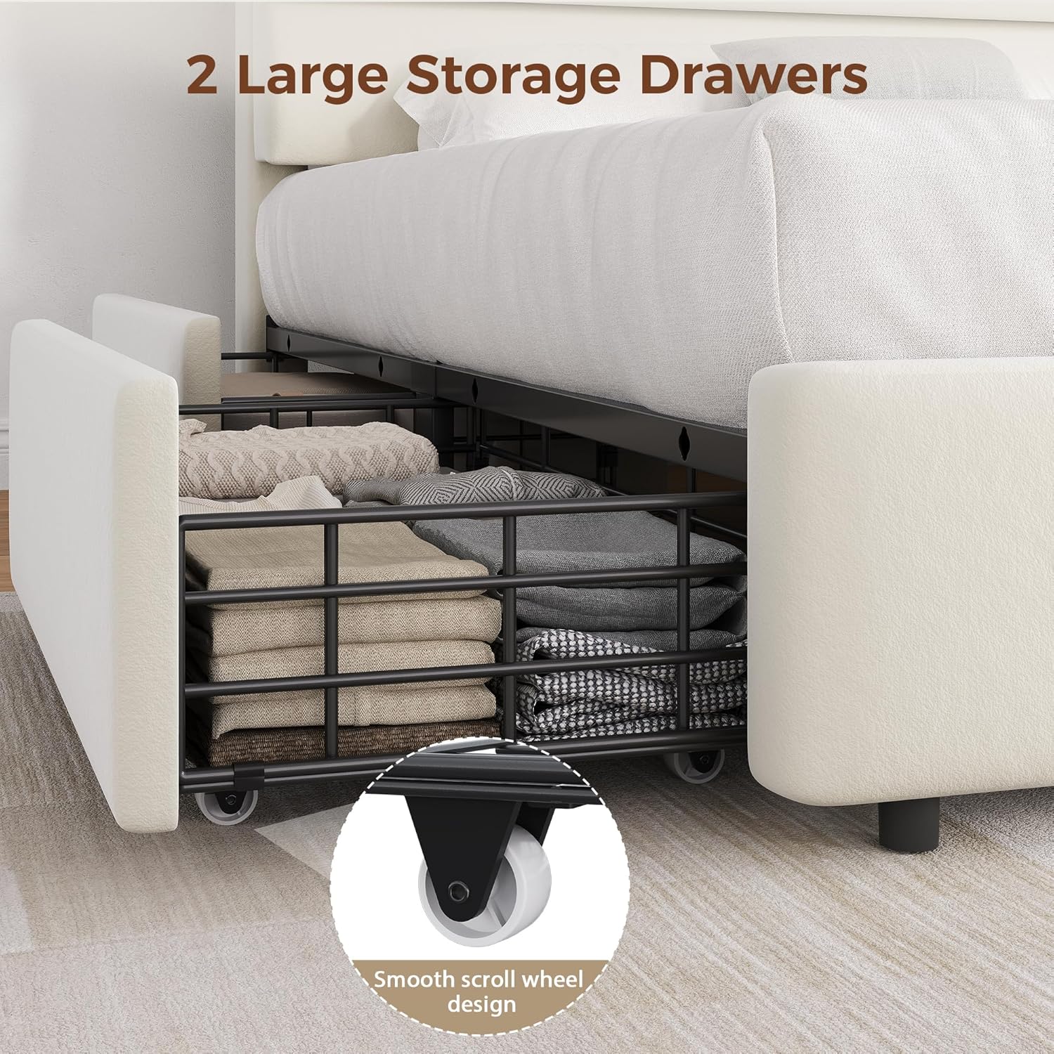 Jocoevol Queen Size Bed Frame with 2 Storage Drawers and Headboard Shelf, Velvet Upholstered Platform Bed with LED Lights & Charging Station, Wooden Slats Support, No Box Spring Needed, Beige