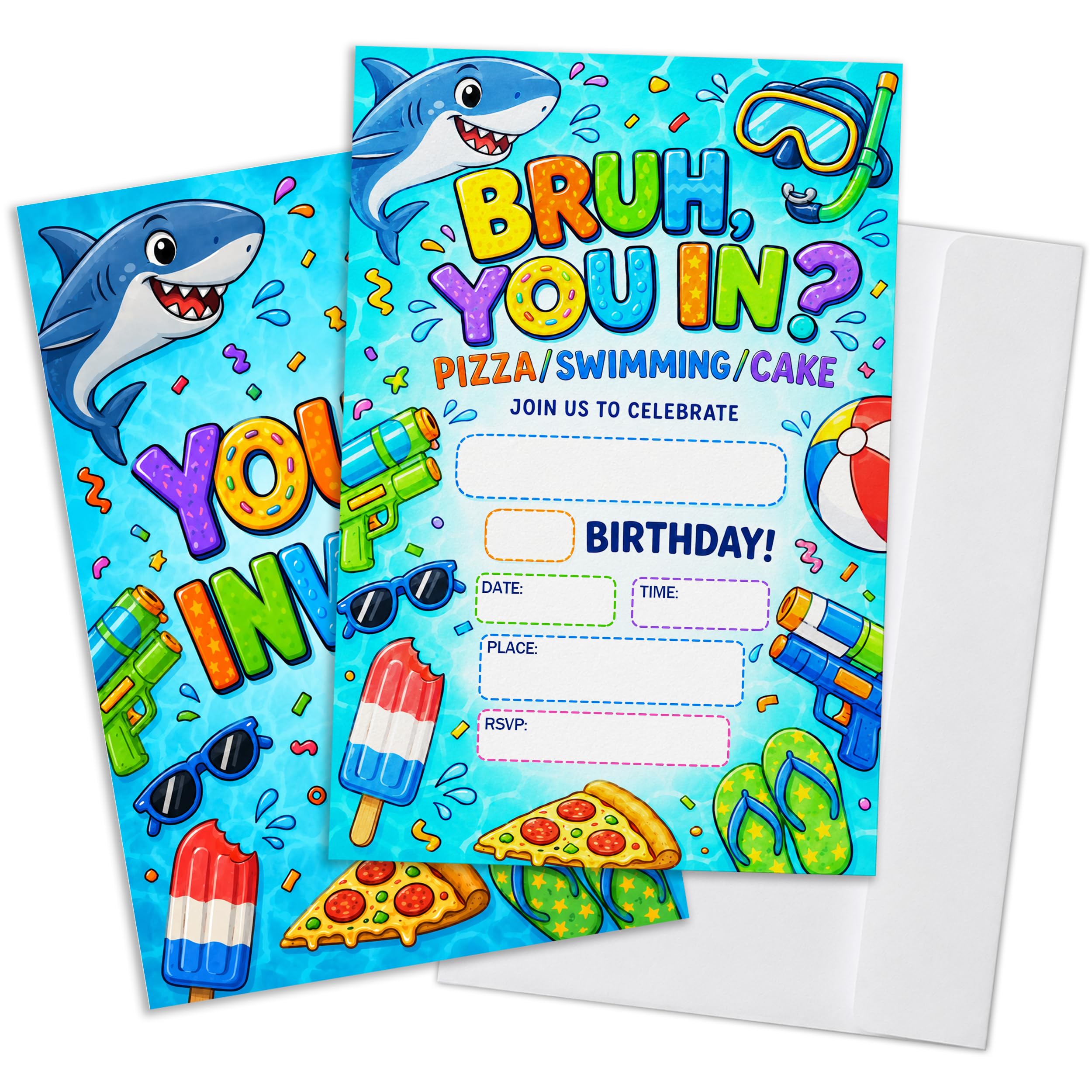 Qoamp Bruh Summer Boys Birthday Invitations, Pool Birthday Party Invitations for Boys, 20Pcs Double-Sided Birthday Invites Cards with Envelopes, 4x6 Inches