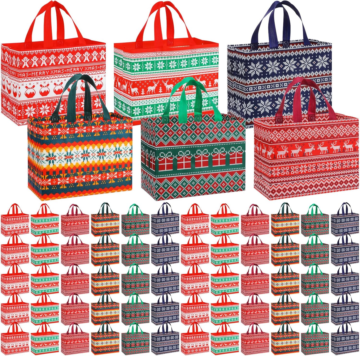 Talltalk 120 Pcs Large Christmas Tote Bags - Reusable Non Woven Gift Bags with Handle - Xmas Ugly Sweater Bags for Grocery Shopping & Holiday Supplies