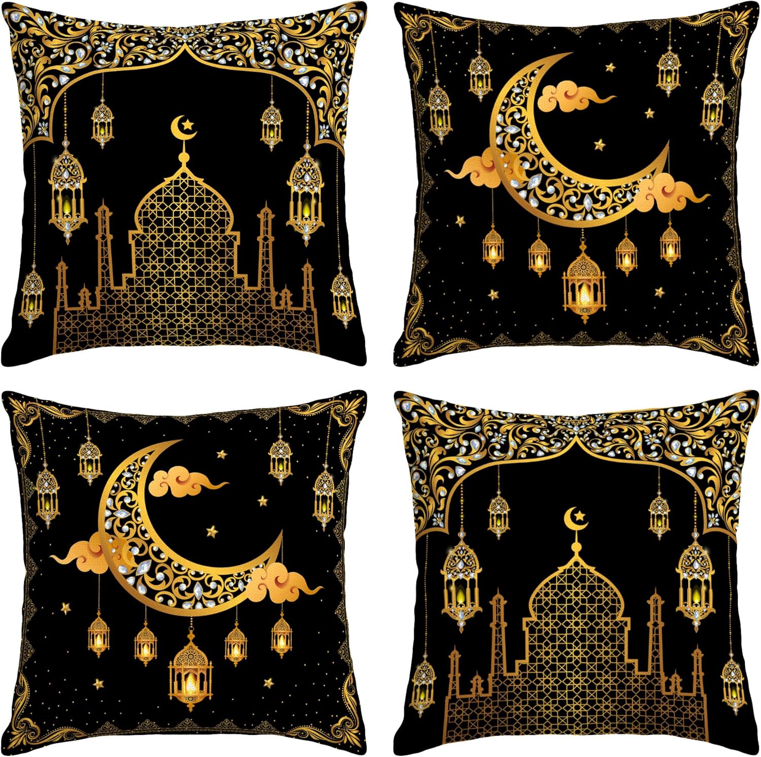 Four black and gold Ramadan-themed pillow cases