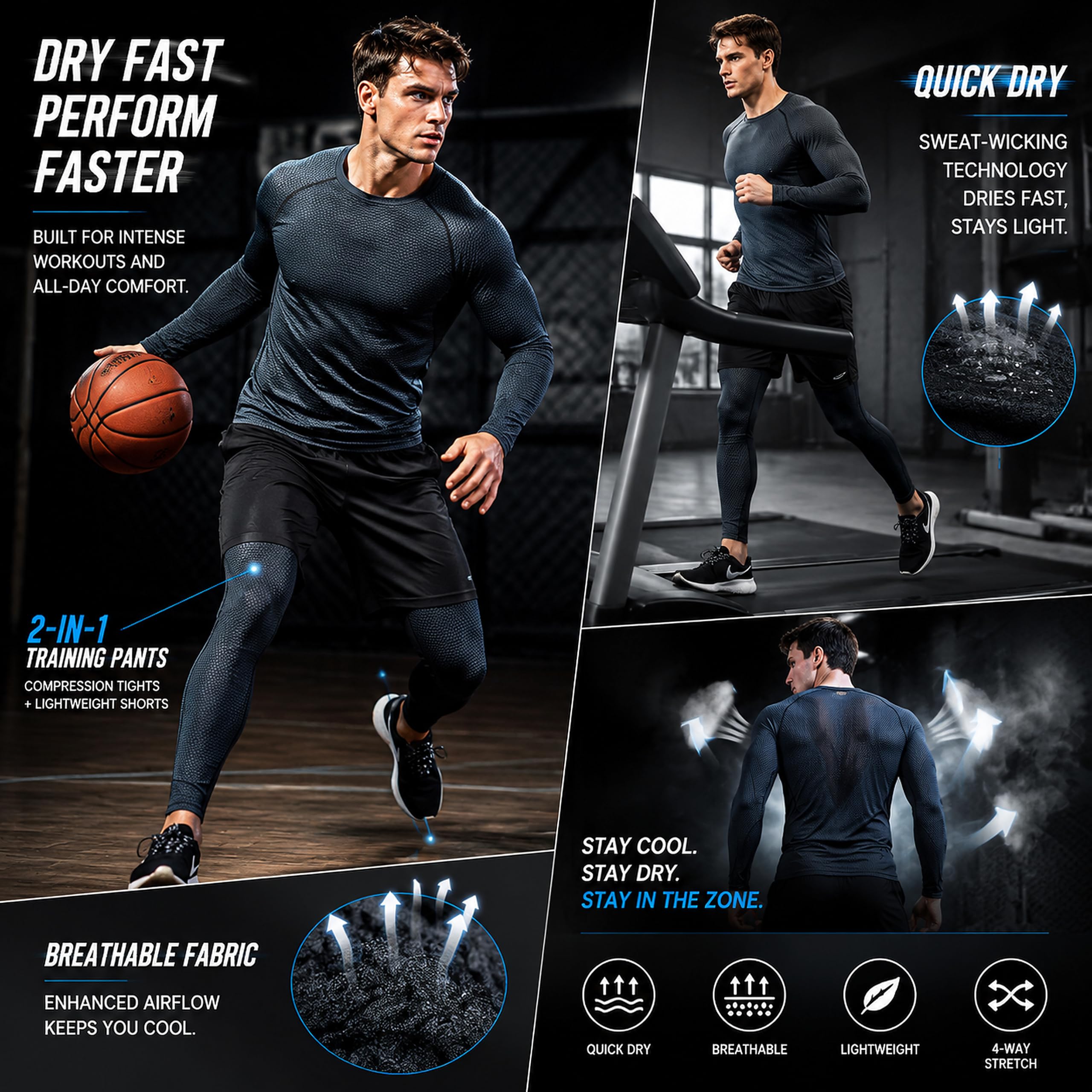 SANANG Pantalons de Compression pour Hommes Cool Dry Baselayer Sports Fitness Leggings serrés 3 Pack