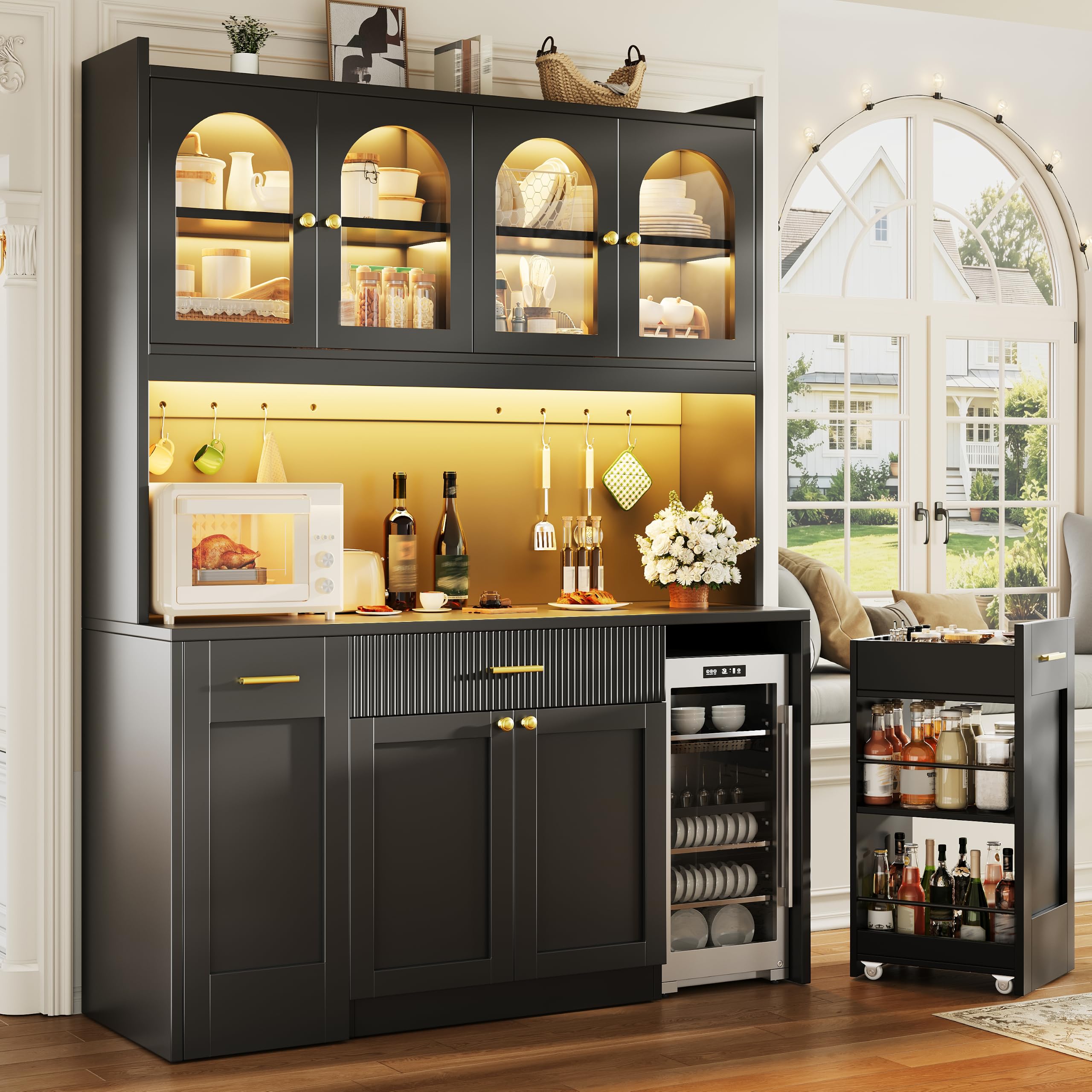 Buffet Cuisine Rangement 120 cm, Armoire de Cuisine Haute Modulable avec LED RGB et App, 3 Vitrines en Verre, Tiroirs, Étagères Coulissantes – Vaisselier Moderne pour Salon, Salle à Manger et Cuisine
