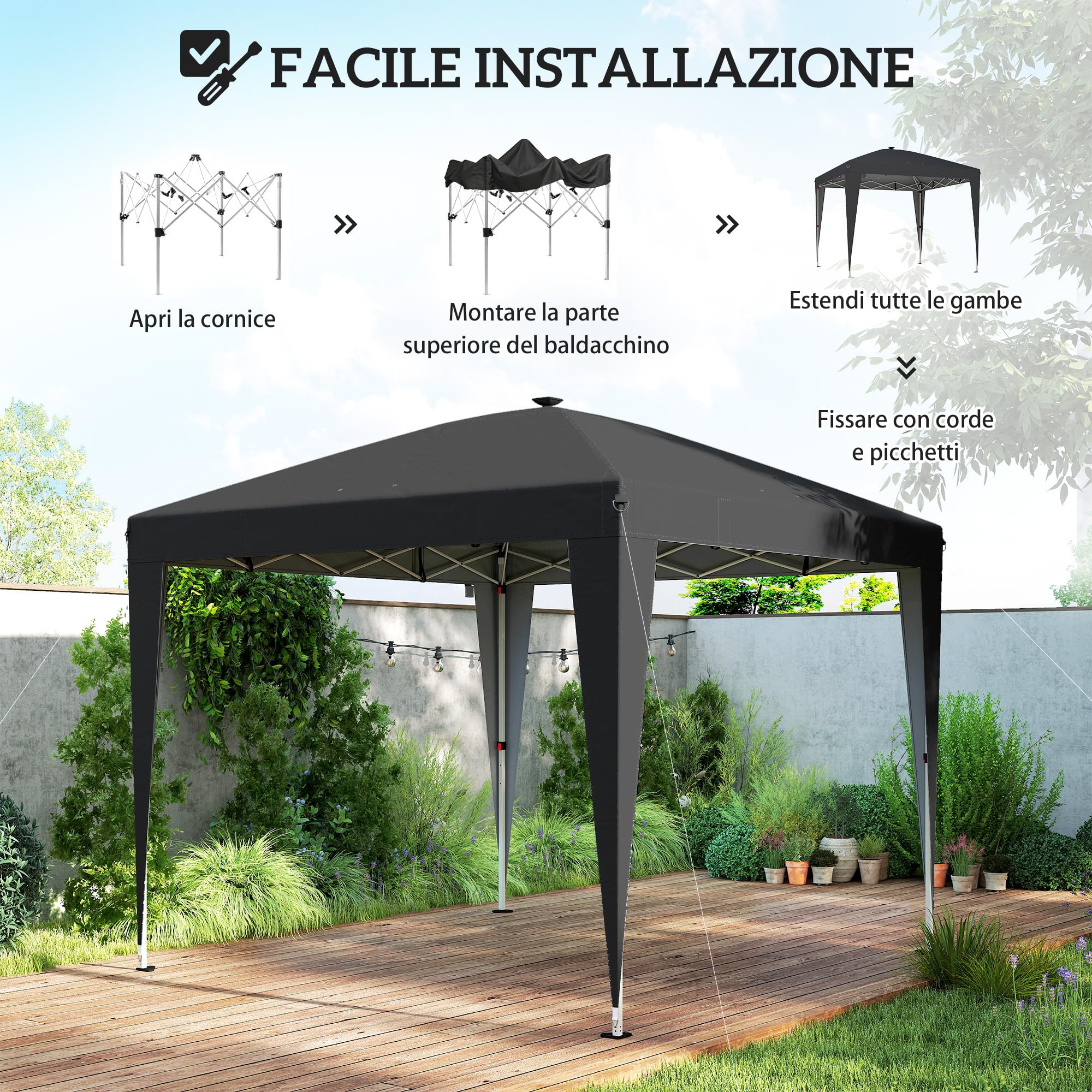 Outsunny Gazebo 3x3 m Pieghevole Pop Up ad Altezza Regolabile UV50+ Nero | Gazebo da Giardino, Luce Centrale e USB, Telecomando, Borsa da Trasporto, per Esterno Campeggio Feste