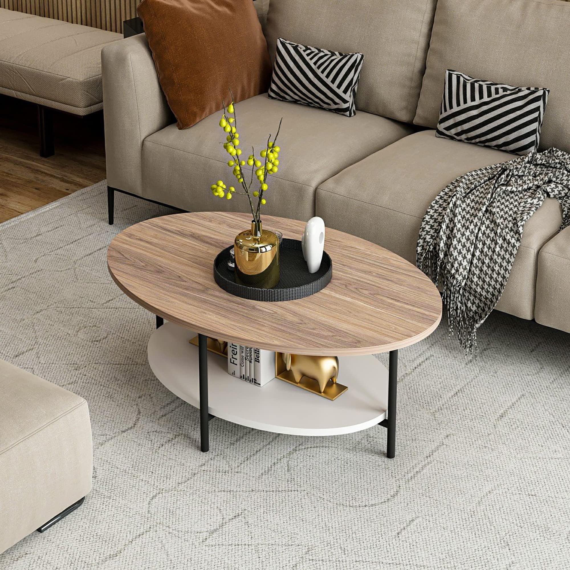 [en.casa] Mesa de Centro con Estante Mesa Auxiliar para Sala de Espera Ovalada Uso Versátil Aglomerado/Metal 36 x 90 x 60 cm Roble/Blanco