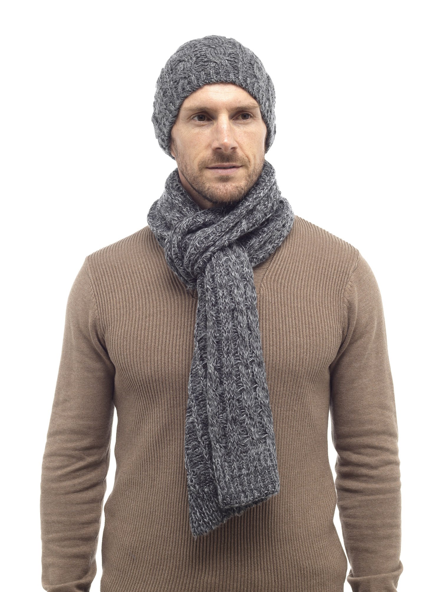 i-Smalls Men's Cable Knit Beanie Hat & Scarf Set (Grey)
