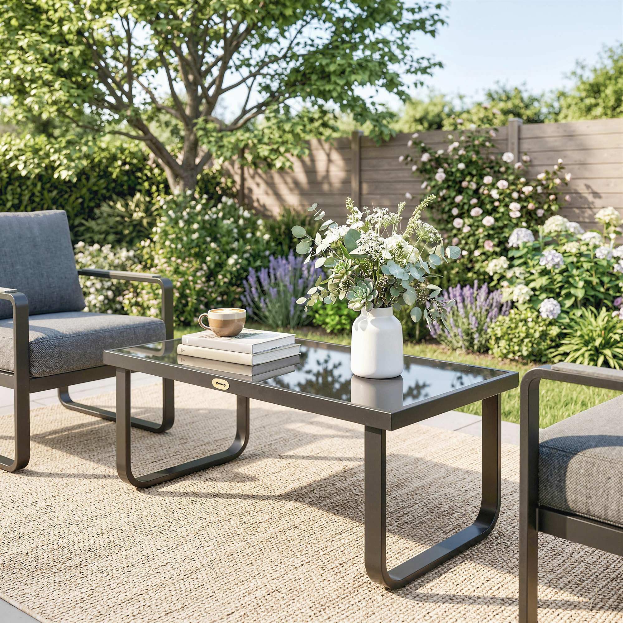 Outsunny Table Basse de Jardin Rectangulaire, Pieds Incurvés, Plateau en Verre Trempé, Table d'Appoint pour Terrasse Balcon Jardin, 90x45x33cm, Noir
