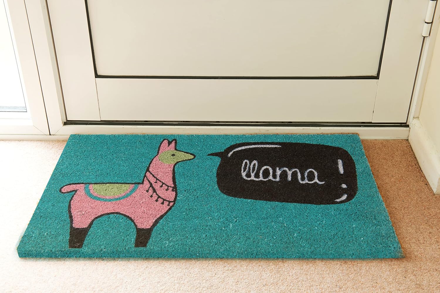 Fisura – Original Coconut Fiber Doormat with Non-Slip PVC Base. Hand-Painted Entrance Mat in Blue and Llama Design. Size 30 x 18 in, Perfect for Doors, Home Décor, and Gifts.