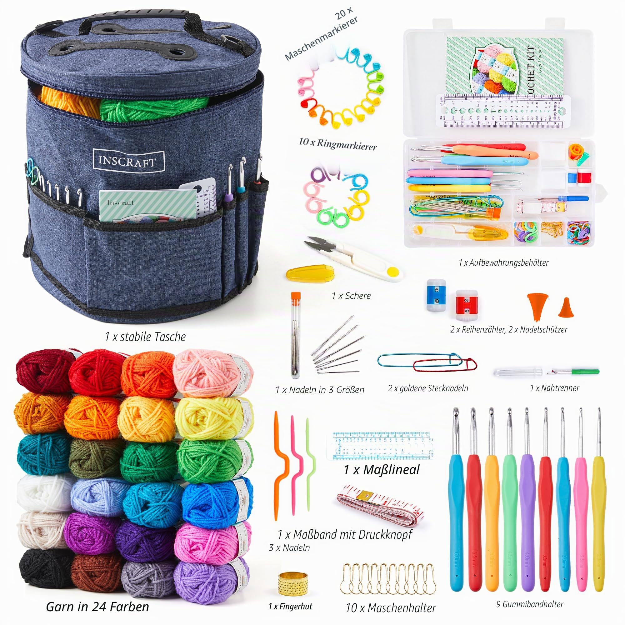 Inscraft Häkelset für Anfänger Erwachsene, Häkelwolle Set für bunte Handarbeiten für Profis mit 24 Farben Garnen, 73-teiligem Häkelnadel-Set, Anleitung, robuster Tasche zur Herstellung von Amigurumi