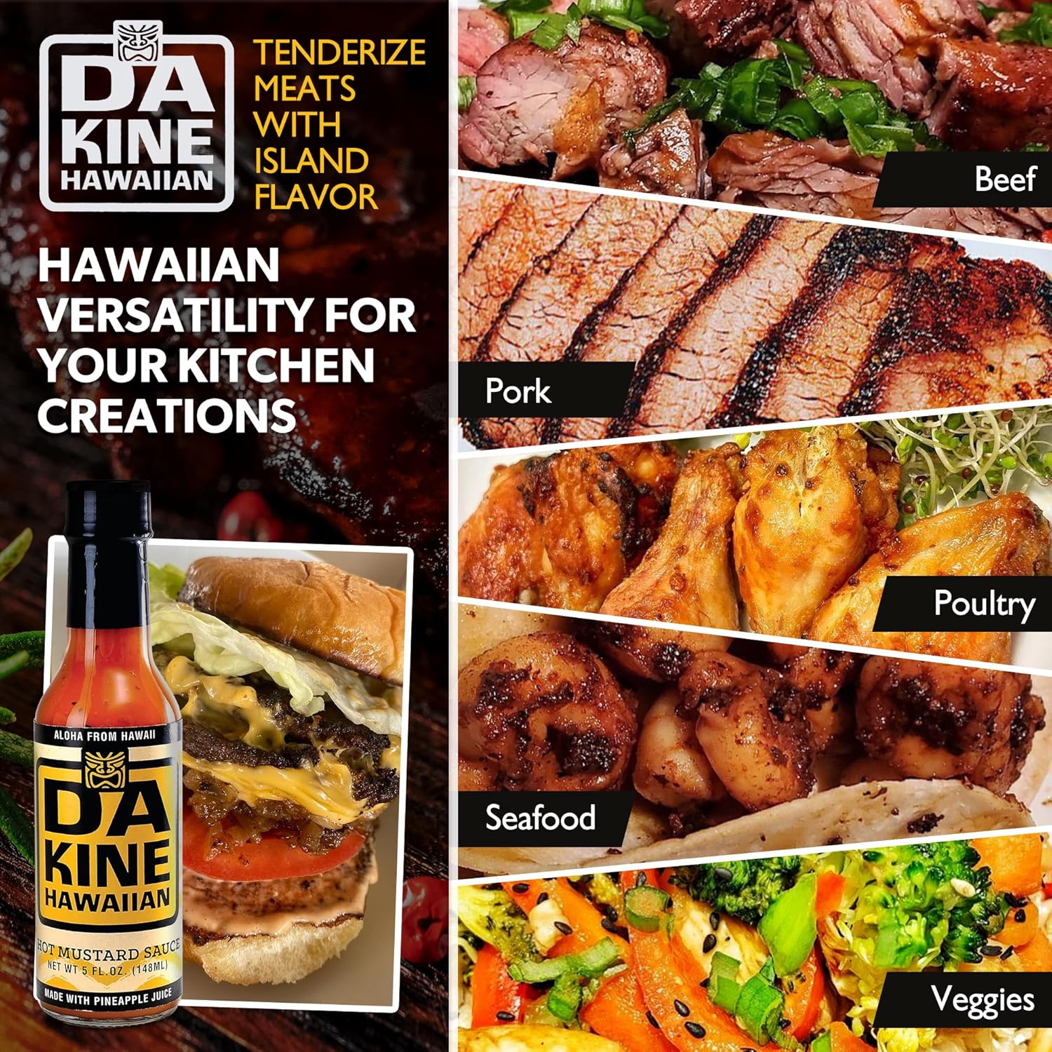 Da Kine Hawaiian Hot Mustard Sauce - Made with Pineapple Juice for Meat Tenderizing, Ideal for Dipping and Dressing - Gluten-free, Good for Vegan, 5 fl. oz. (Hot Mustard 3-Pack)