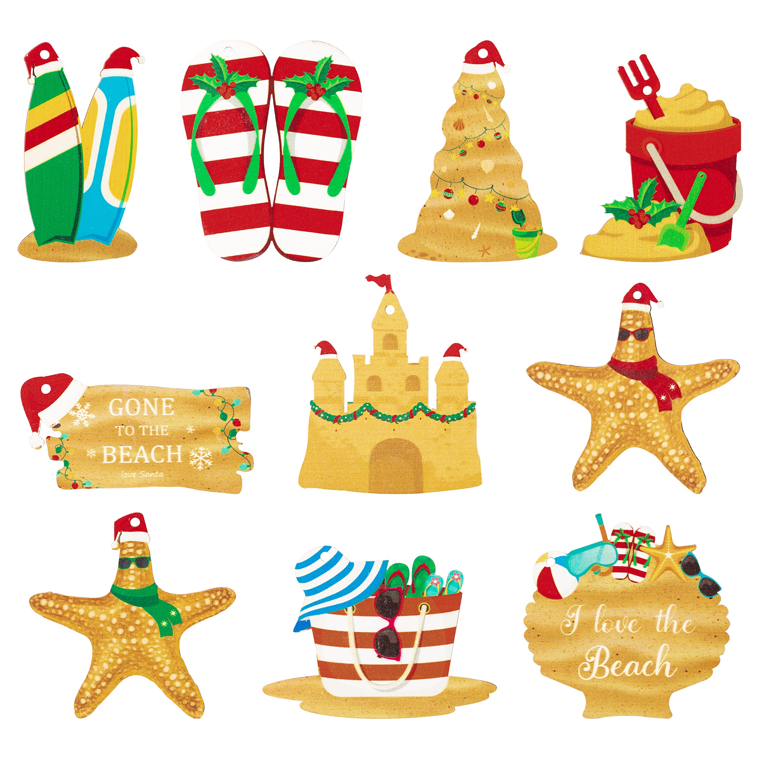 30pcs Summer Beach Hanging Wooden Ornament Christmas Tree Novelty Beach Pendants Ornament Set with Ropes Cute Hawaii Slippers Style Starfish Hanging Decorations Party Supplies