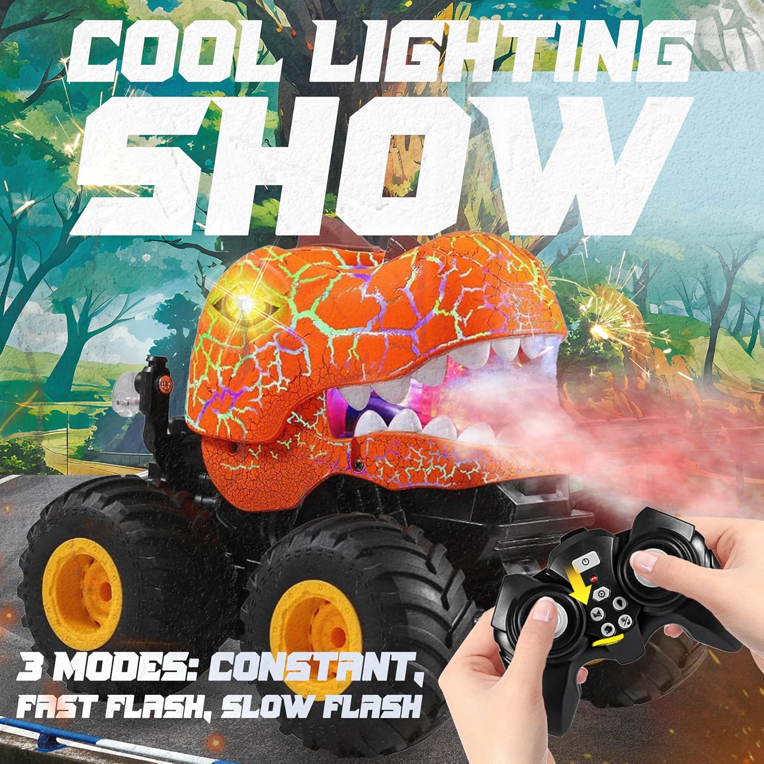 BEZGAR Monster Truck Toys - Remote Control Monster Truck with Spray, Light, Music, Dinosaur Toys for Kids, 1:20 Scale RC Truck with 360° Spins and Drifting, Remote Control Car for Boys 4-7 Orange - Image 5