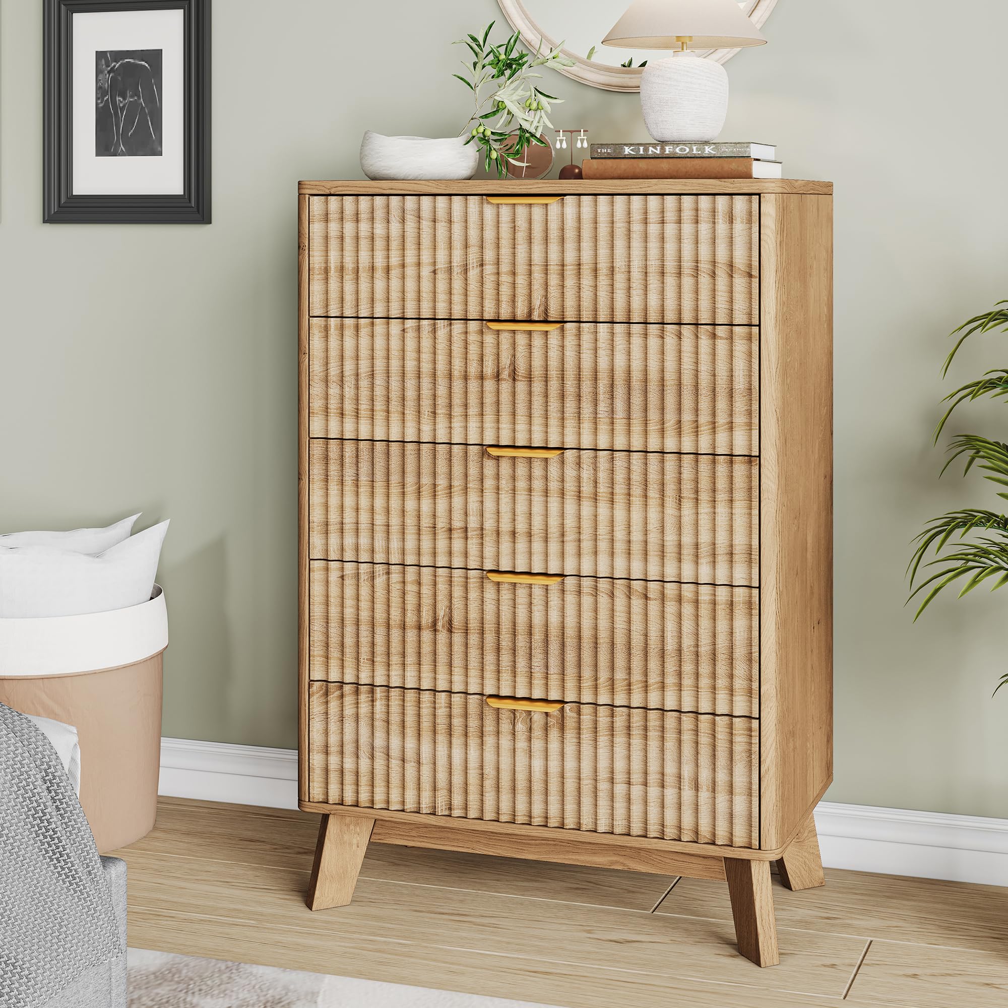 Commode Rangement en Bois, Chiffonnier 5 tiroirs avec antichute et Pieds surélevés, Meuble 40 cm de Profondeur pour Chambre, Entrée, Salon, Bureau, 73x40x108 cm