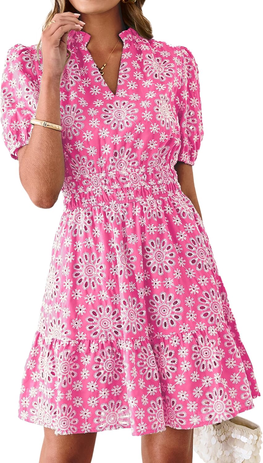 BerryGo Womens Summer Eyelet Mini Dress Beach Casual Embroidery Lace Puff Short Sleeve V Neck Boho Party Short Dresses