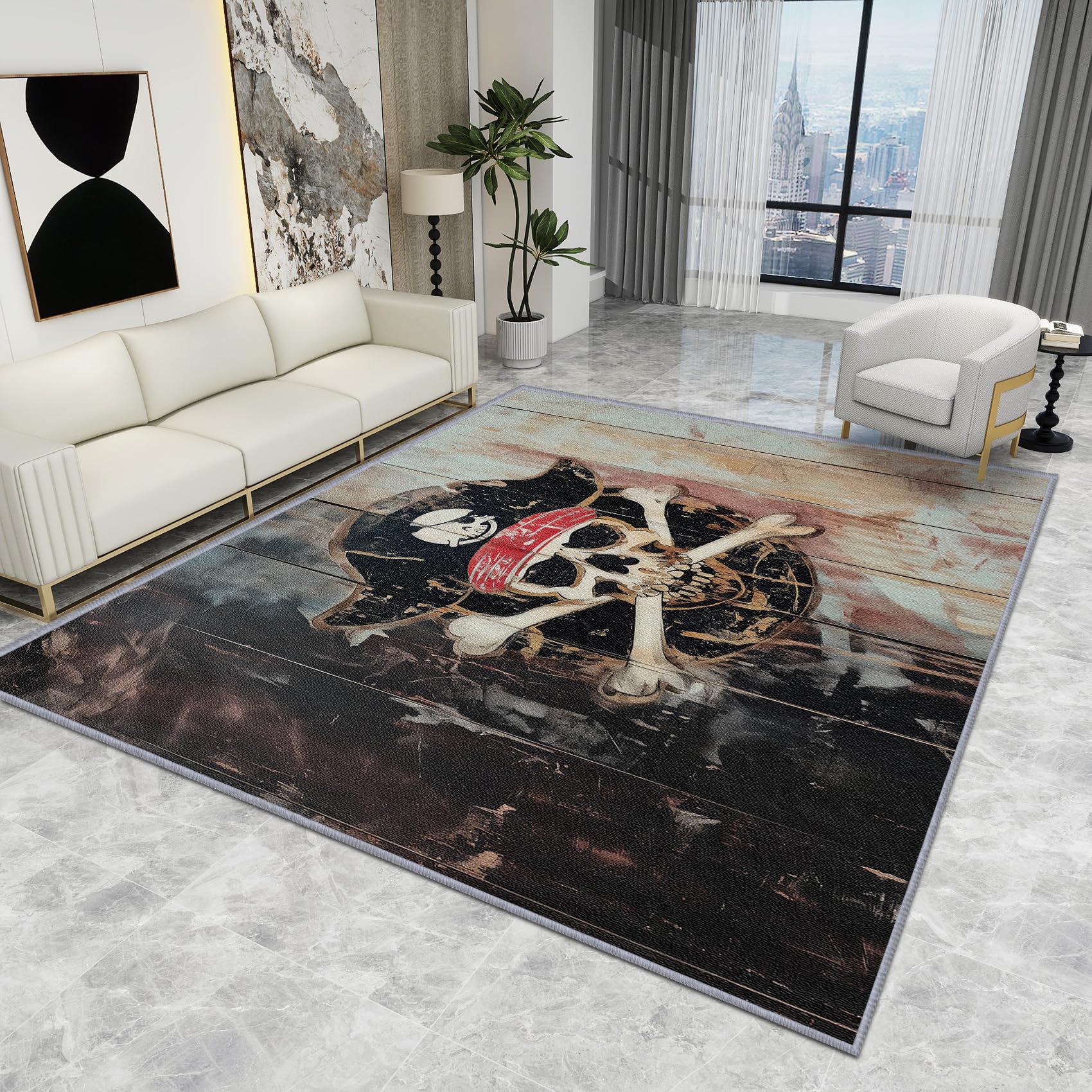 Pirate Bedroom Rug - Pirate Rug - Rustic Skull Nautical Rugs, Vintage Skeleton Carpet, Washable Rug Non Slip Low Pile Soft Small Area Rugs, Pirate Home Decor Gifts, 80 X 120 cm