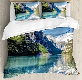 Ambesonne Landscape Duvet Cover Set, Lake Louise Banff National Park Canada Lakeside Rocks Clear Water Scenic Picture, Decorative 3 Piece Bedding Set with 2 Pillow Shams, Queen Size, Green Blue