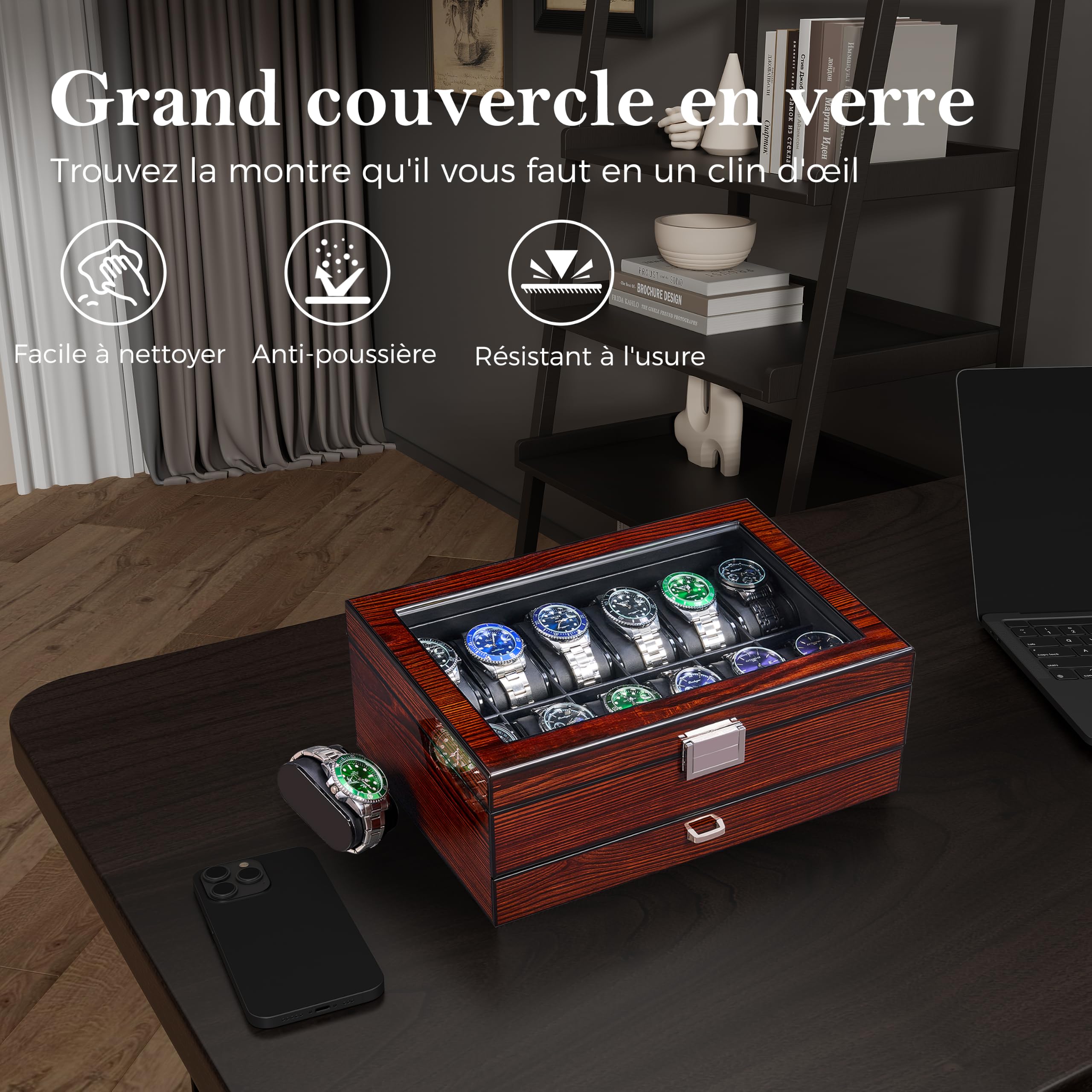 BEWISHOME Boîte à Montre avec Tiroir à Plateaux, Boite a Montre Homme Luxe, Rangement Montre pour Accessoires Masculins avec Dessus en Verre Véritable, Charnière en Métal, Boite Montre, Brun ESSH02Y | Boîtiers de montre à 2 couches pour homme, organisateu