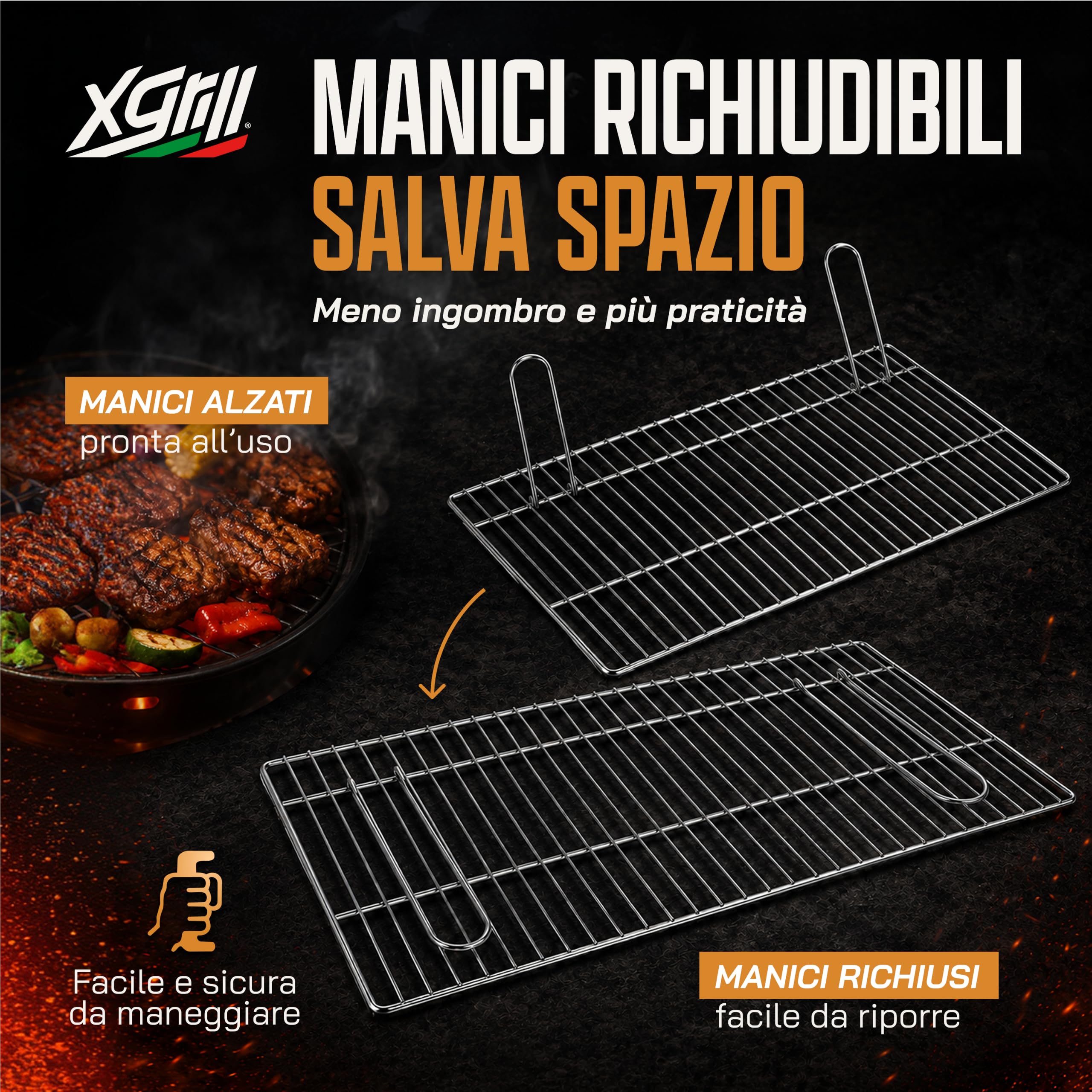XGRILL | Griglia Barbecue 67,5x40 cm in Acciaio Cromato con Manici Richiudibili | Griglia BBQ Portatile per Barbecue a Carbone e Muratura | Made in Italy