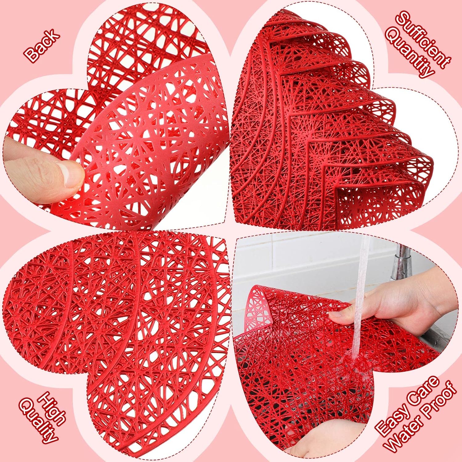 Eaasty 8 Sets Valentine's Day Placemats and Coaster Red Heart Place Mats Love Coaster 15 inch Metallic PVC Washable Valentines Day Table Decoration Valentine's Table Mats for Wedding Anniversary Party