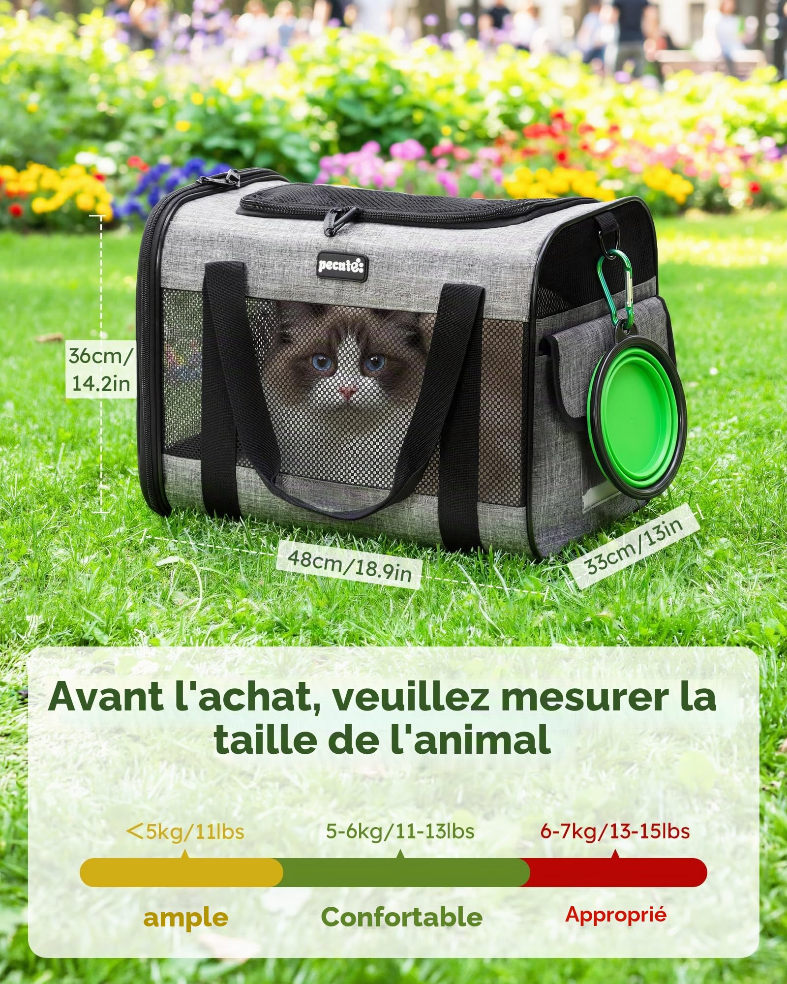 Pecute Sac de Transport pour Chat, Sac à Dos de Transport Portable pour Chiens Voyage pour Chats avec Mangeoire Pliable Porteur pour Animaux Tissu de Maille Respirant Convient jusqu'à