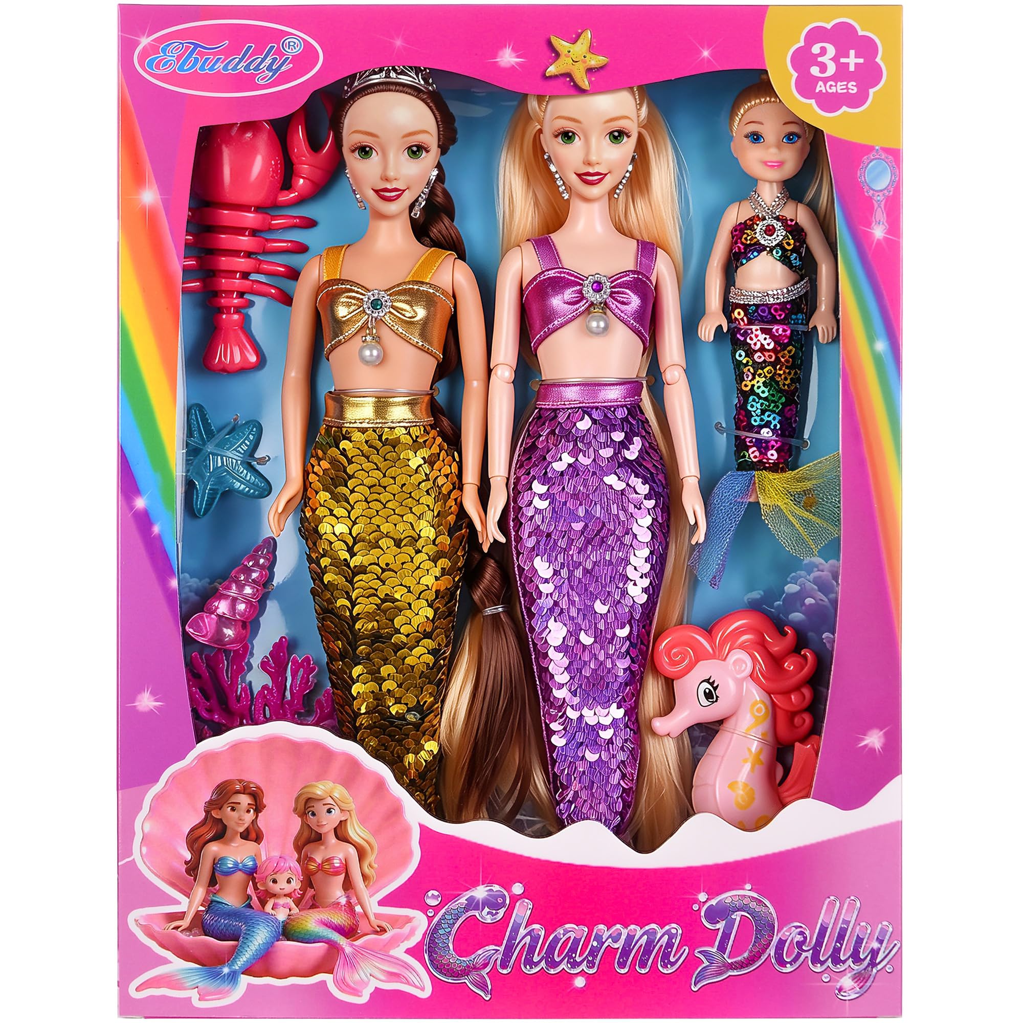 ebuddy 11.5 Inch Mermaid Doll Playset with Accessories | 2 Princess Mermaid Dolls, Girl Doll, Seahorse, Shrimp & Coral Toys, 4 Extra Decor Parts | Summer Pool Water Play Toy Gift for Kids Ages 3+