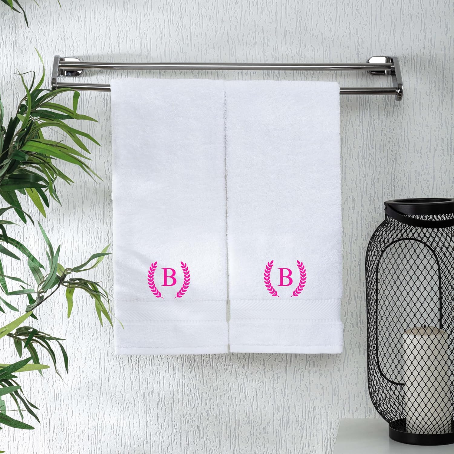 Monogrammed Hand Towels for Bathroom Makeup, Personalized Turkish Cotton Towel with Embroidery, Gift for Weddings, Housewarming, Anniversaries, and Bridal Showers, Set of 2 (Hot Pink, Initial B)