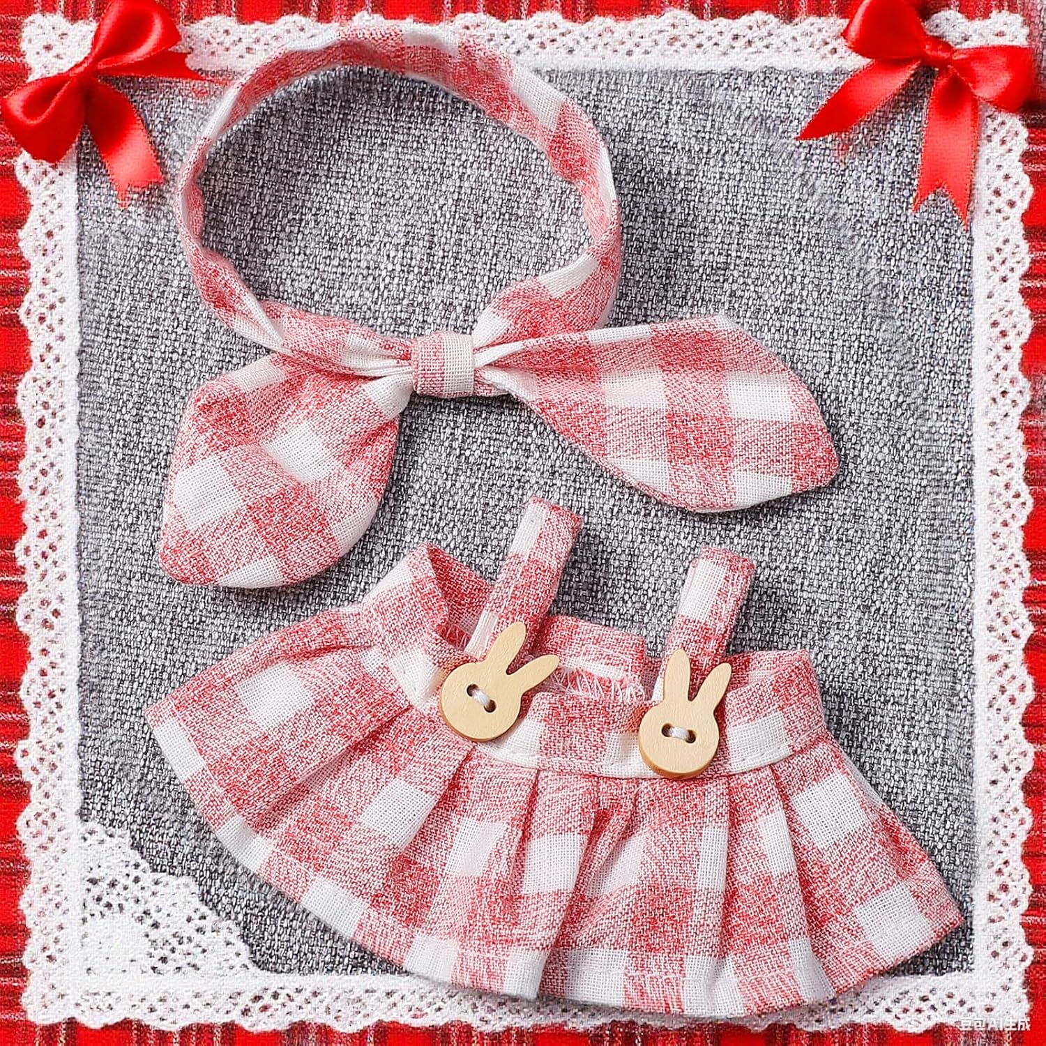 17cm Doll Clothing Set 2Pcs - Plaid Bunny Skirt + Bow Headband, Pink Sweet Outfit for 6-7inch Dolls (NO Doll Included) Kawaii Style Dress Accessories