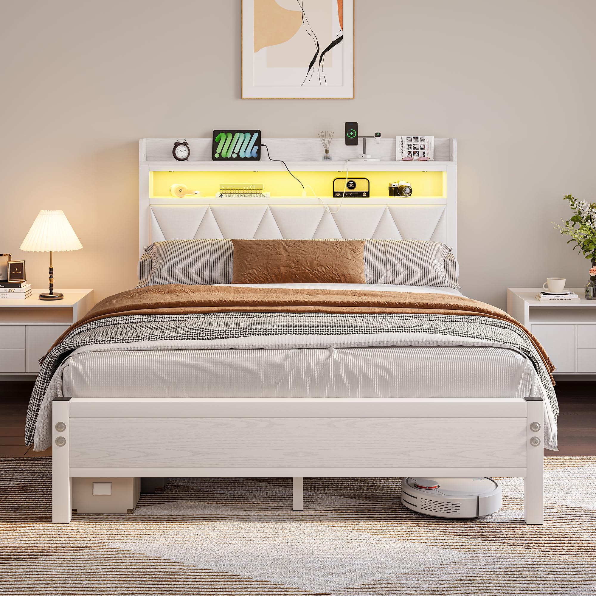 VERFARM 4ft6 Double Bed Frame with LED Lights, White — image 1