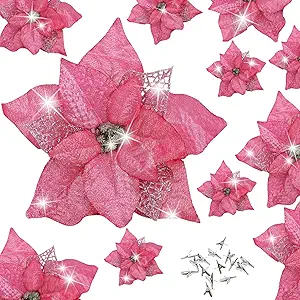 15 Pieces Christmas Glitter Poinsettia with Clips Christmas Poinsettia Decorations Artificial Poinsettia Flowers Ornament Christmas Flowers for New Year Wedding Home Decoration 8.7inch/22cm Pink