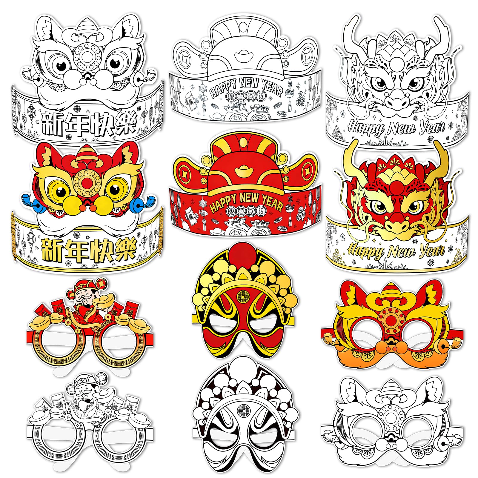 DPKOW 12pcs Spring Festival Coloring Crafts Chinese New Year Party Paper Glasses Hats Lion Dragon God of Wealth, DIY Coloring Glasses Hats Chinese New Year Party Favour Supplies, with Elastic Rope