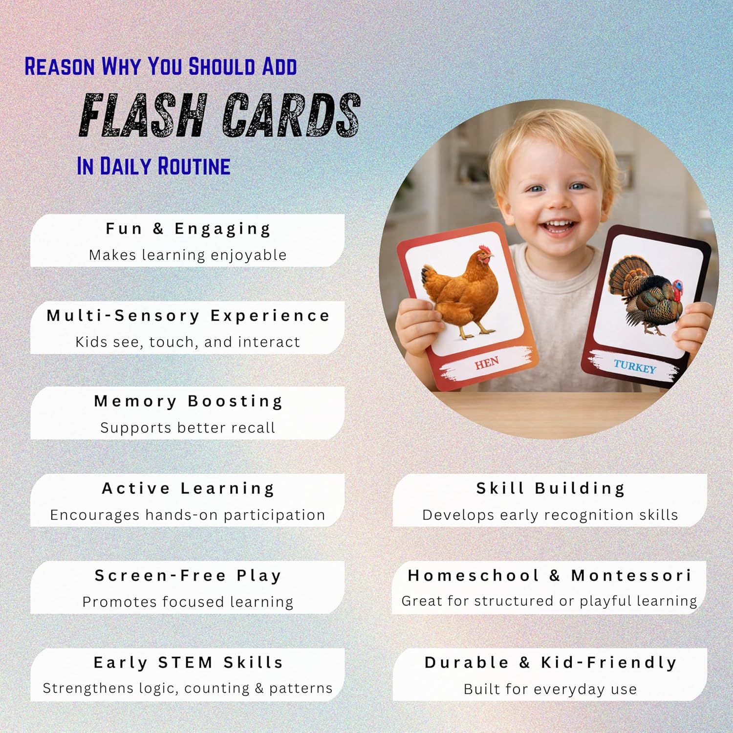 Birds Flashcards – Non-Tearable Synthetic Learning Cards for Toddlers, Preschool & Kindergarten, Double-Sided Set