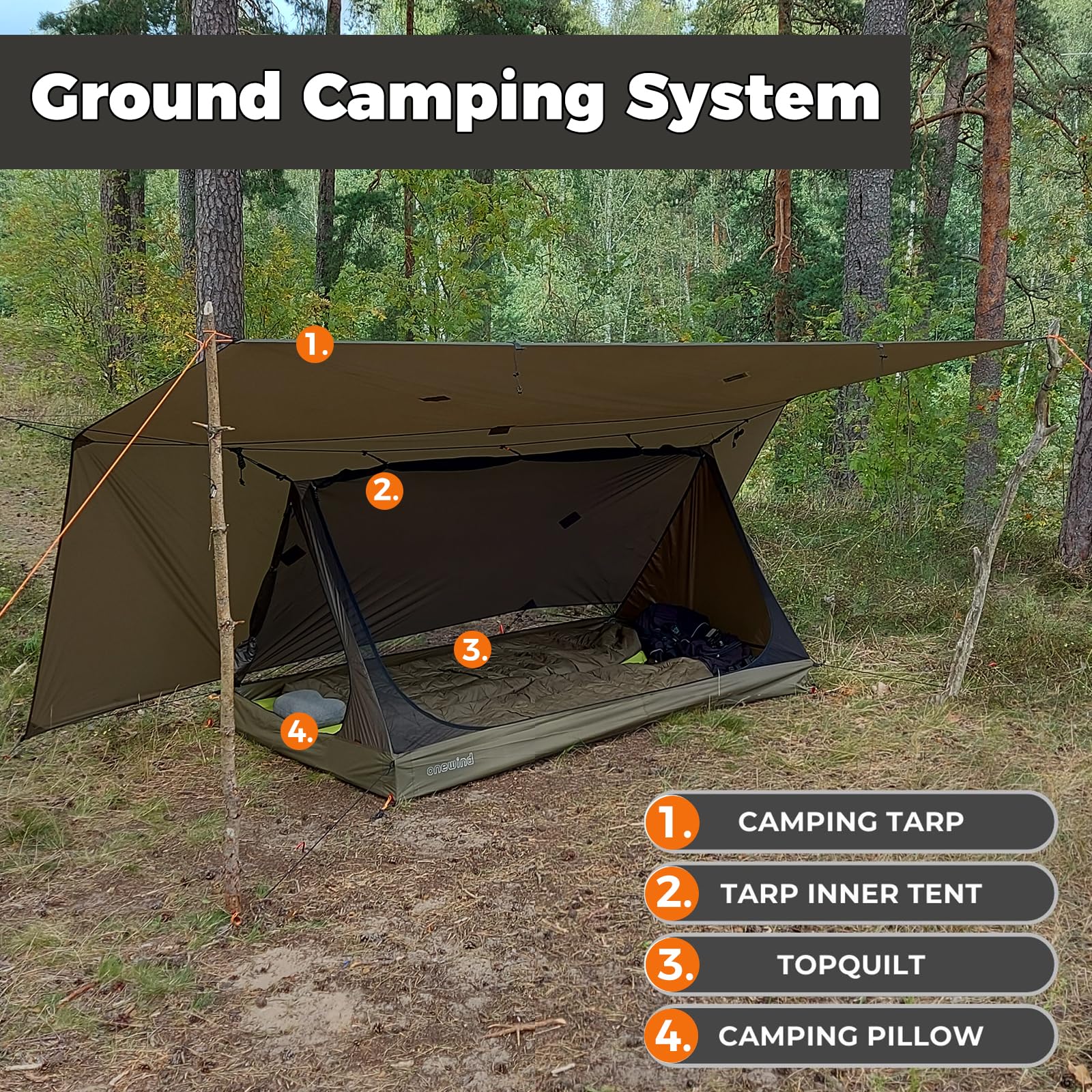 onewind Bâche de hamac de 3,7 m et tente intérieure, anti-pluie en silnylon et bâche intérieure en maille filet pour camping, randonnée, randonnée