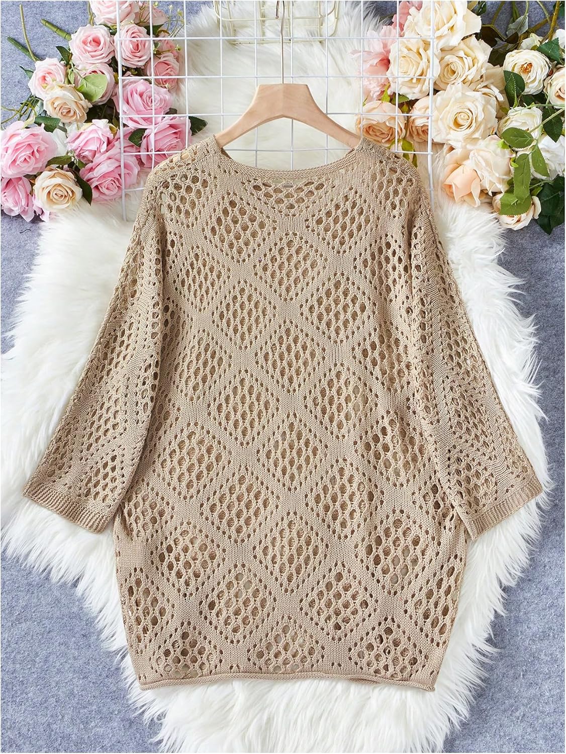 Floerns Women's Hollow Out Crochet Sweater V Neck Long Sleeve Vacation Casual Knit Tops - Image 2