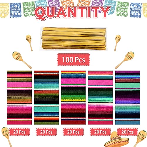 Miniatura 2 de 100 bolsas de celofán mexicano para fiesta, bolsas de golosinas de plástico con 100 lazos dorados, suministros para fiesta de cumpleaños con