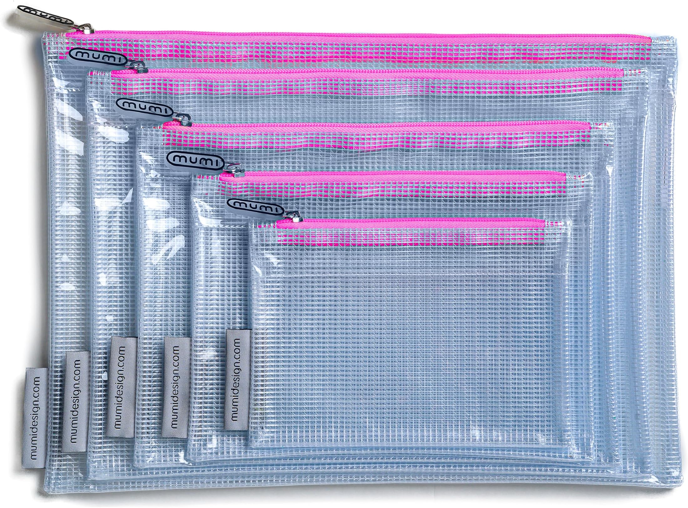 MUMI 5 Multi-Size Organizing Bags – Clear Zipper Pouches for Organizing, Storage & Travel with 10 Removable Labels – Reusable Waterproof Mesh Zipper Pouch Set, Plastic Zip Bags for Supplies, Pink, 5