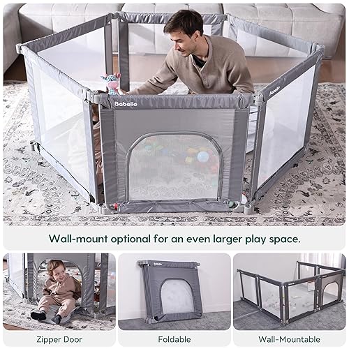 Miniatura 2 de Babelio Corralito plegable para montar en la pared, para bebés y niños pequeños, forma y área ajustables, corralito de 62 x 31 pulgadas con puerta