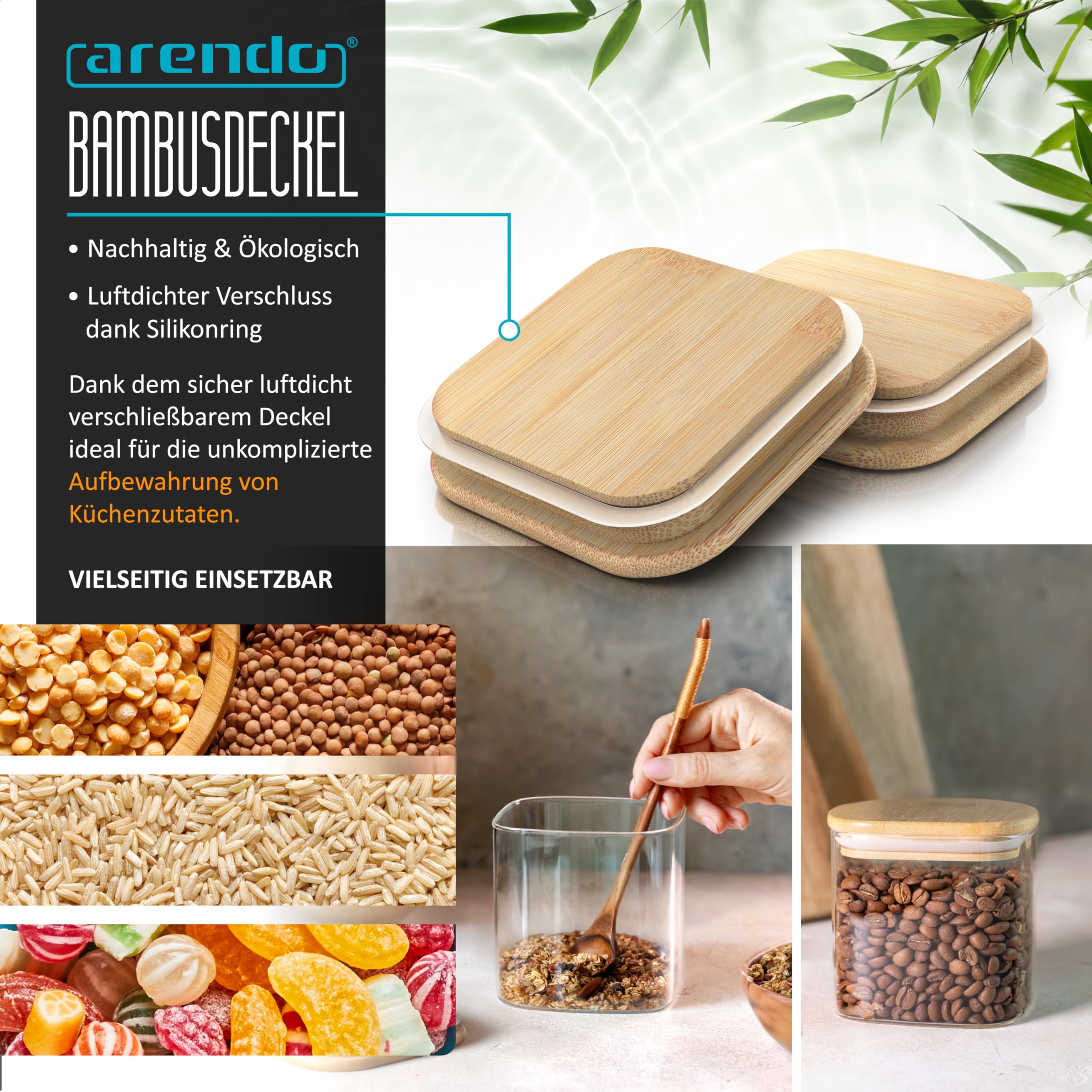 Arendo - Vorratsbehälter 800ml mit Deckel - 8er Set - Behälter aus Glas – hitzebeständig – Vorratsdosen/Vorratsgläser mit Bambusdeckel - luftdicht - für Müsli Zucker Mehl Kaffee Reis