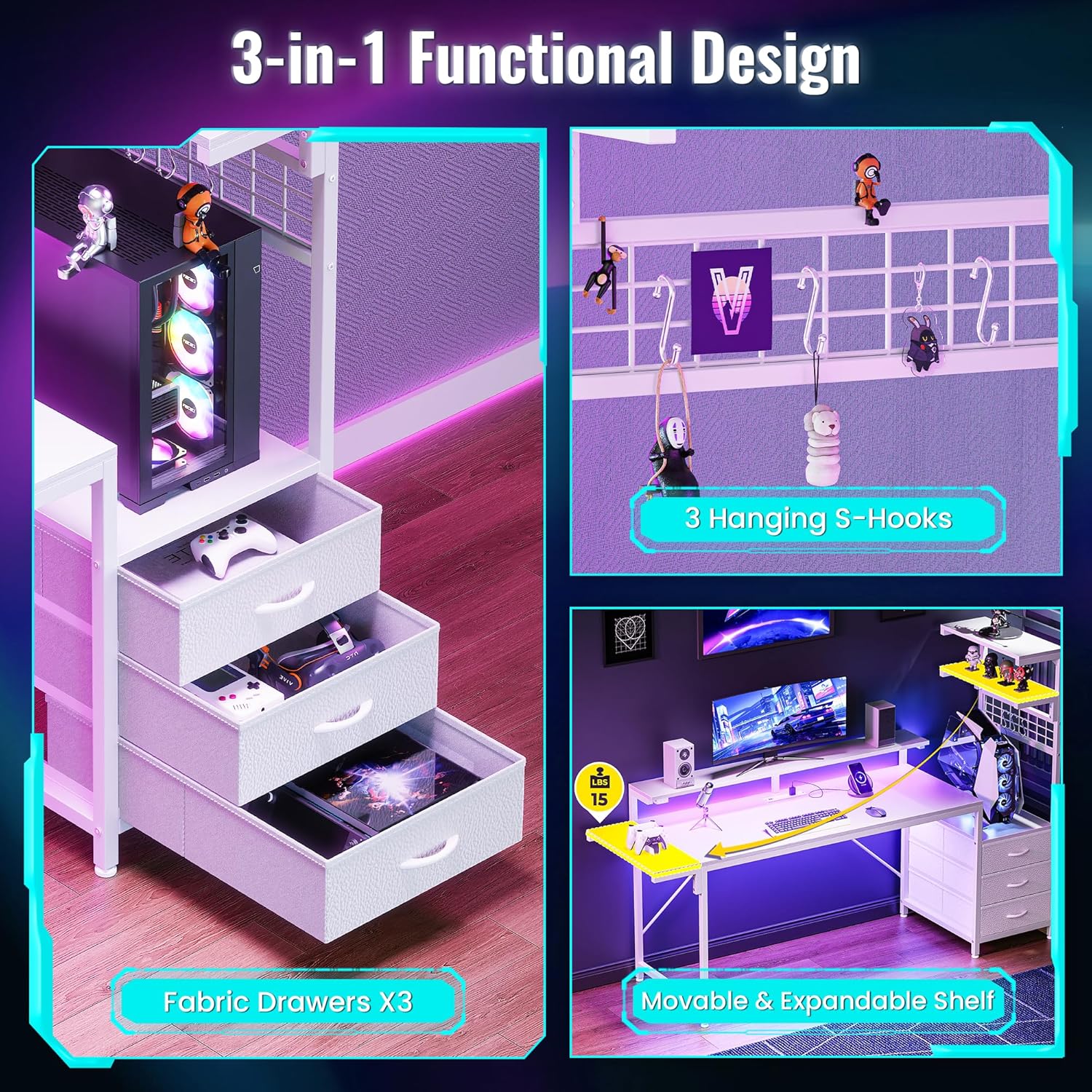 PRAISUN 61.7 Gaming Desk with LED Lights & Outlets, Computer Desk with 3 Fabric Drawers, PC Desk with PC Case Stand & Movable Storage Shelves, Monitor Stand, Reversible, White