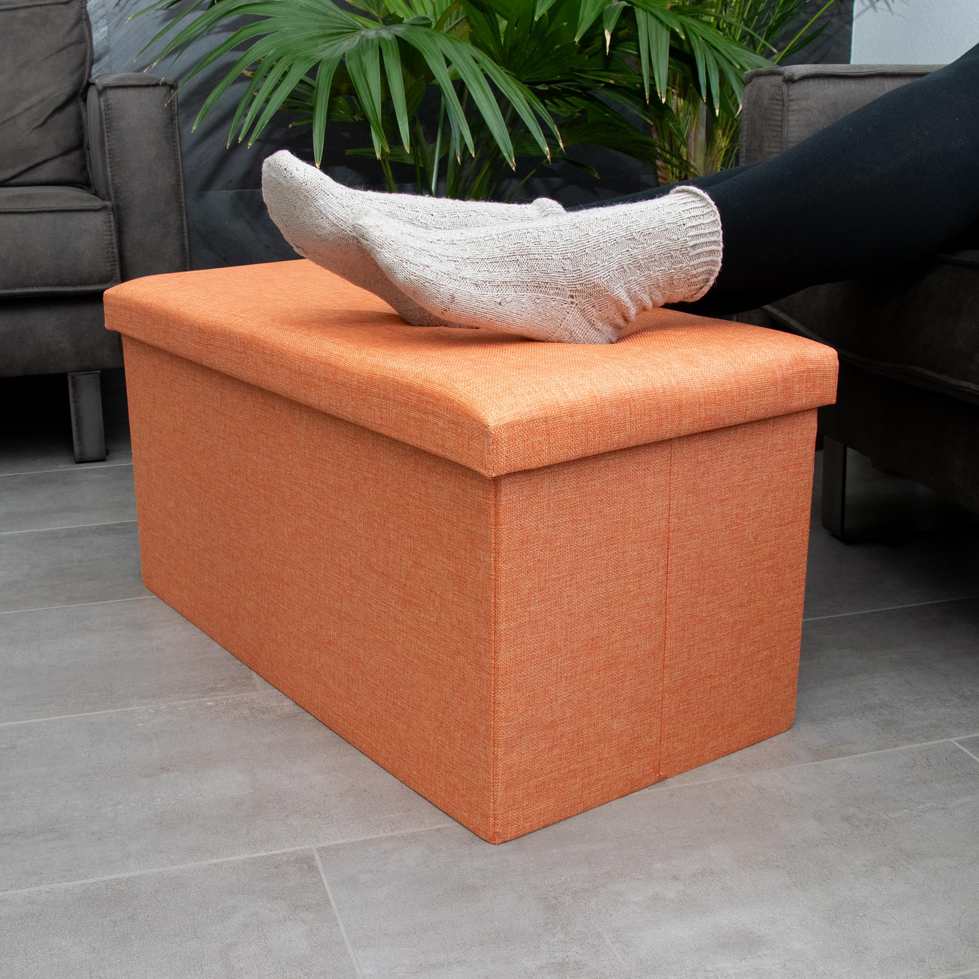 INTIRILIFE Pouf Pieghevole 78x38x38 cm in Orange MANDARINI - Cassapanca Cubo Contenitore Imbottito de Tessuto a l'Ottica Lino con Coperchio - Ottomane Poggapiedi Sgabello Panca Poltrona