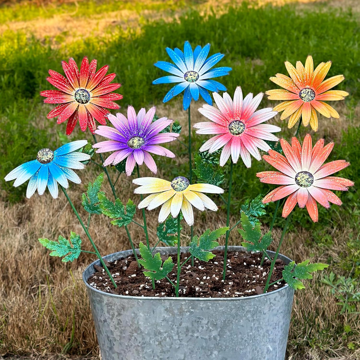 Metal Flowers for Outside, 8 Pack Decorative Garden Stakes with Spring Design, 16.5 Inch Handmade Iron Outdoor Metal Garden Decor, Flickering Daisy Yard Art for Patio Lawn