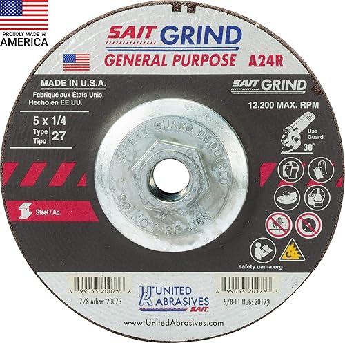 Miniatura 17 de United Abrasives -SAIT 20086 A24R Muela abrasiva de uso general/larga vida útil (tipo 27/centro deprimido) 7" x 1/4" x 5/8-11", paquete de 10