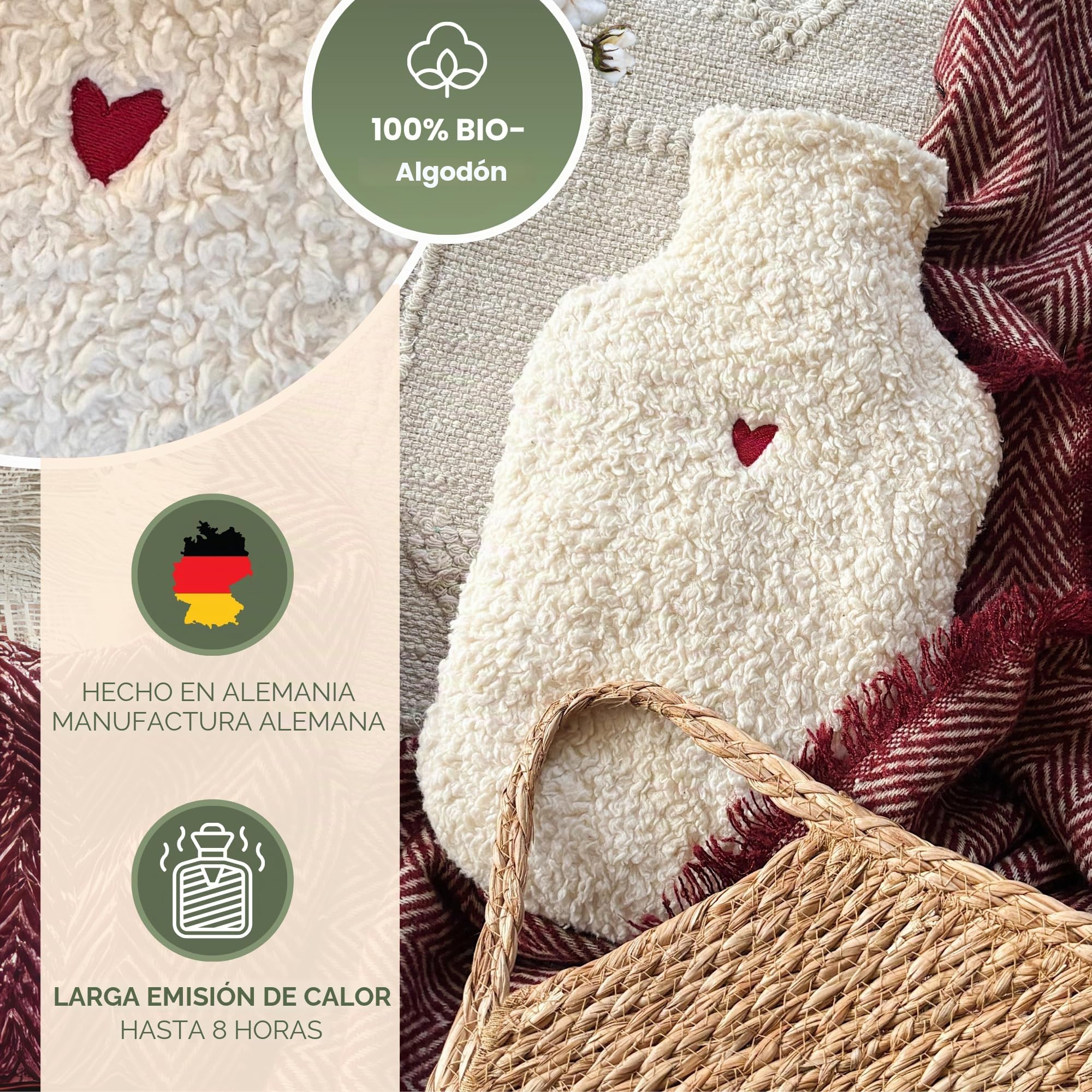 kontor28 - Bolsa de agua caliente con funda de 100% algodón orgánico súper suave, hecha a mano, fabricada en Alemania, a prueba de fugas, inodoro y analgésico para niños y adultos - 2,0 litros