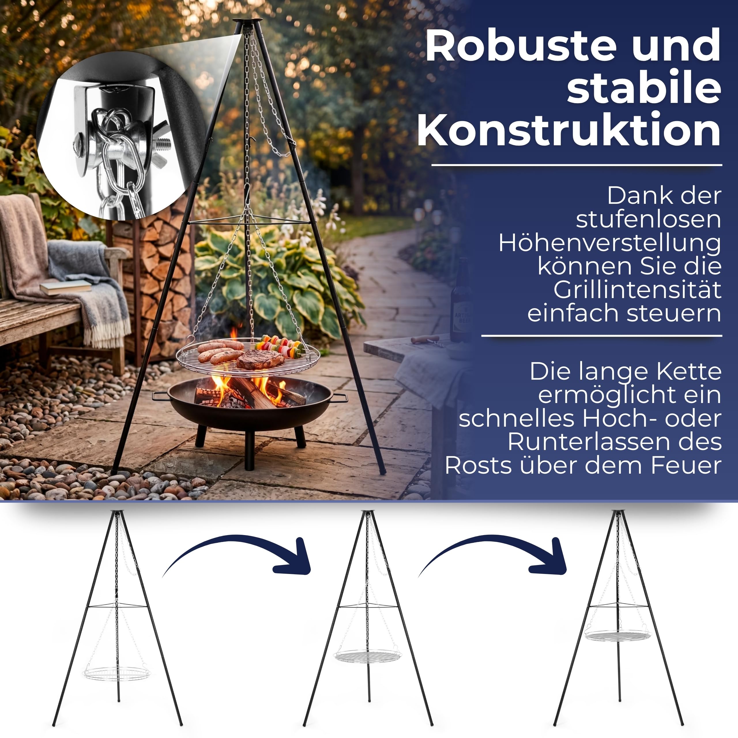 Springos Schwenkgrill Dreibein Grill mit Höhenverstellbarem Grillrost Holzkohlegrill BBQ Grill für Lagerfeuer Garten Terrasse Camping Outdoor Grillrost SPRINGOS