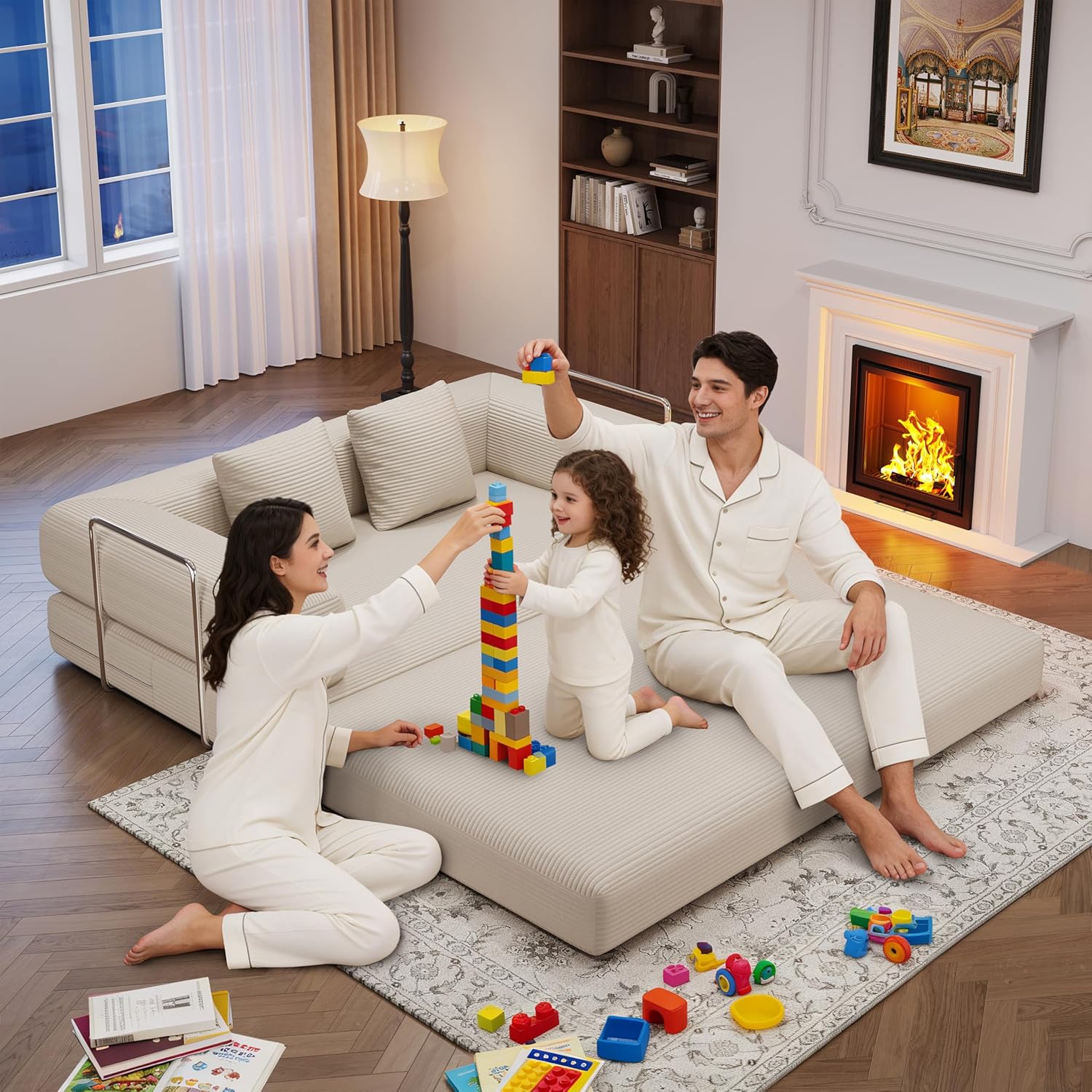 4-in-1 Foldable Sofa Bed Teddy Fabric Foam-Filled Compressed Couch, Beds Queen Size Convertible Sofa Couch Loveseat , Boneless Folding Sleeper for Living Room, Guest Bed, Playroom (Beige, 59” 2 Seat)