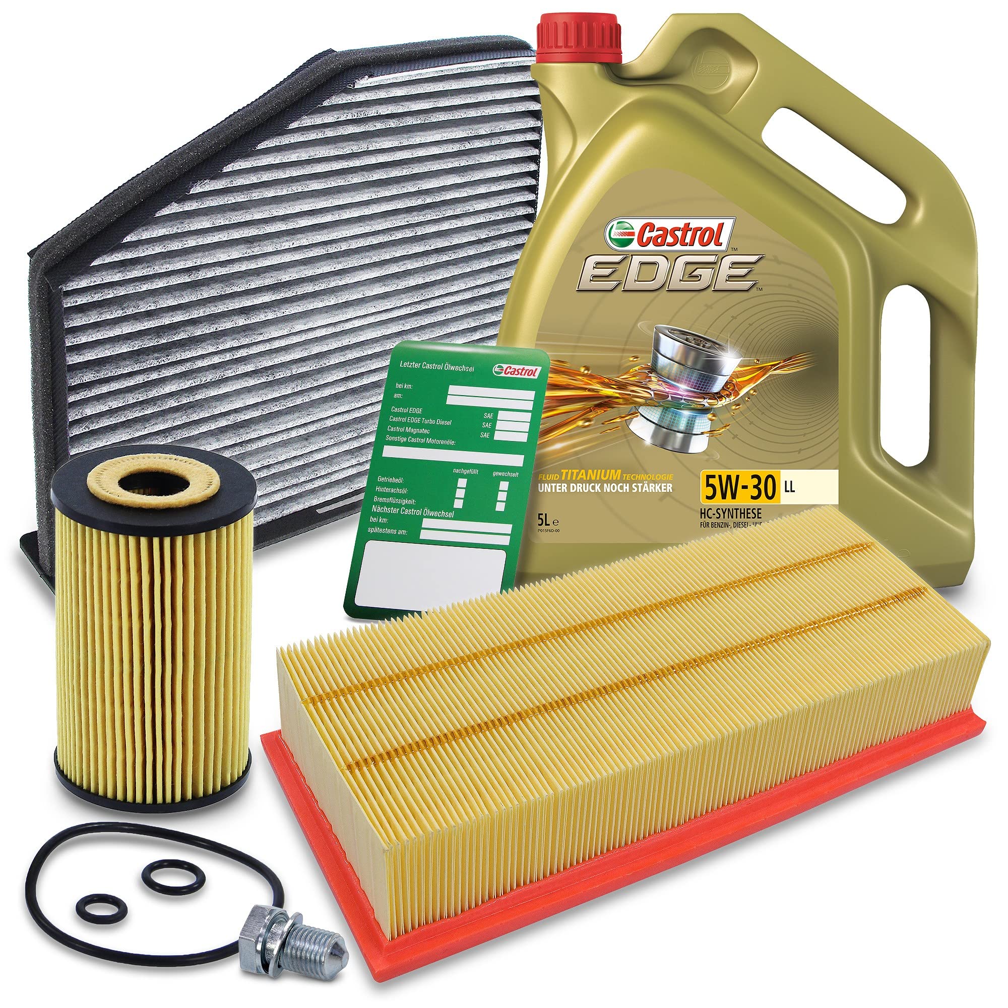 BESTPRICE Inspektionspaket Filterset mit 1x Ölfilter, 1x Luftfilter, 1x Innenraumfilter (Aktivkohle), 1x Ölablassschraube + Dichtring, 1x Ölwechselanhänger, 1x Motoröl 5W-30 FST TITANIUM LONGLIFE 5 l