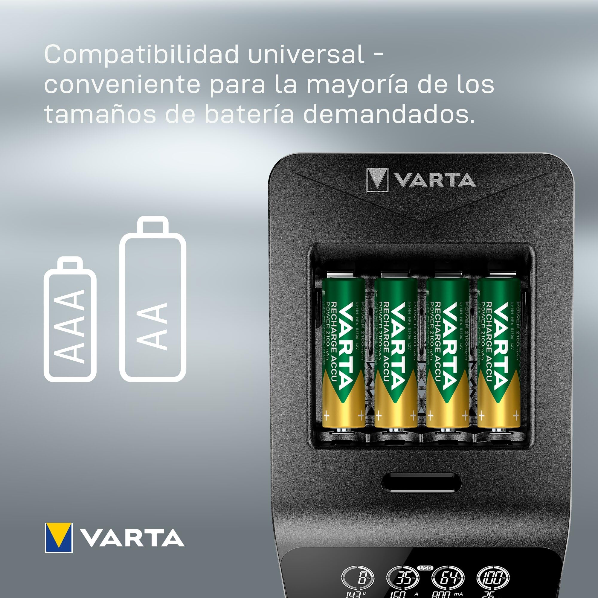 VARTA Cargador de Pilas, Incl. 4X AA 2100mAh, Cargador para Pilas AA/AAA Recargables, LCD Smart Charger+, Carga por Ranura única, 2 Modos: Carga, refresca