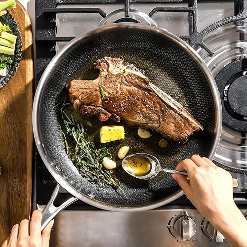 Miniatura 7 de DELUXE Juego de sartenes antiadherentes de cerámica híbrida de 5 piezas, sartenes de 8, 10, 12 pulgadas con tapas de vidrio templado, asas que se