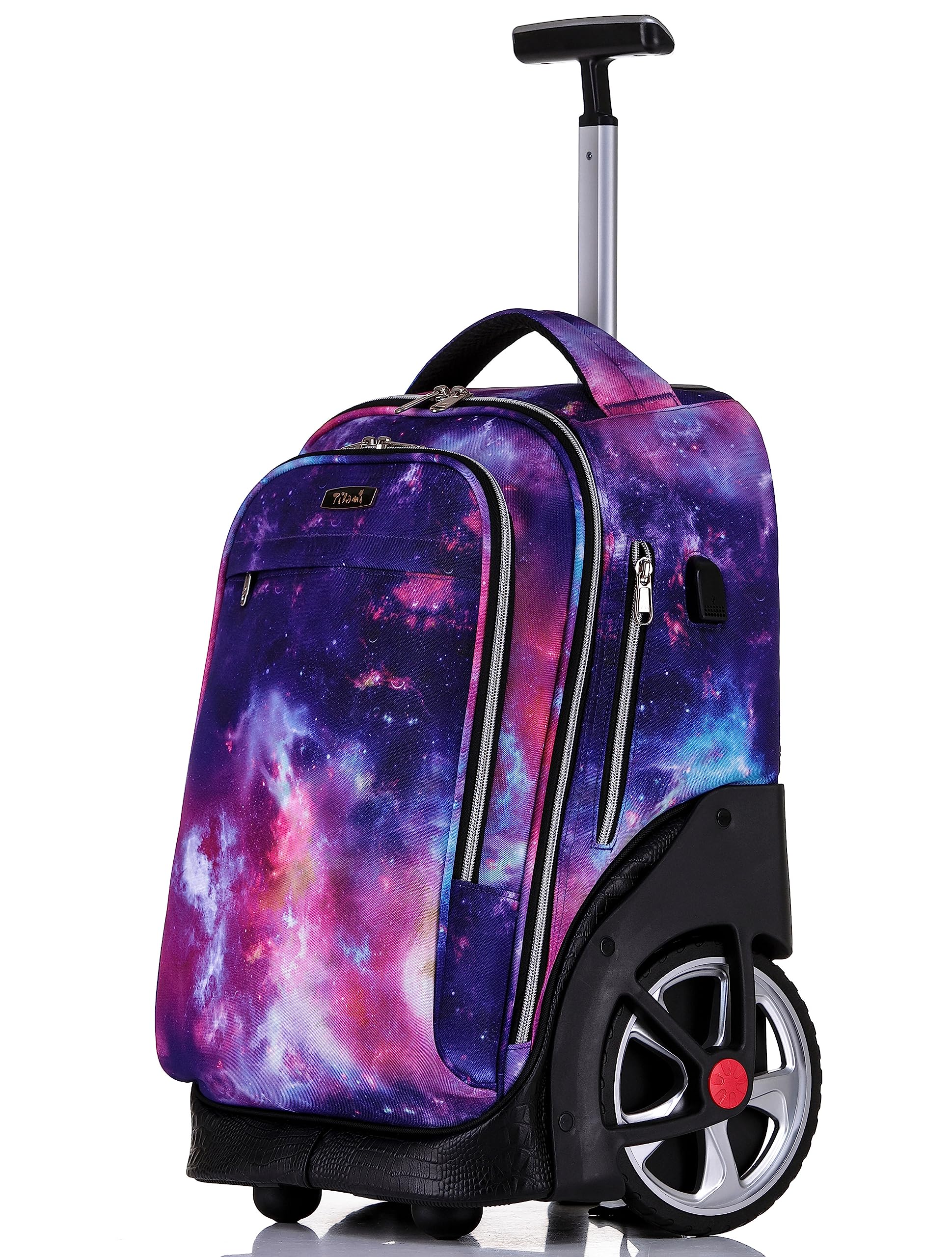 NEW TILAMI 19 inch Rolling Backpack Teens Rolling Backpack Cute Wheeled Laptop Backpack Bookbag Roller Travel Bag College, Starry Purple
