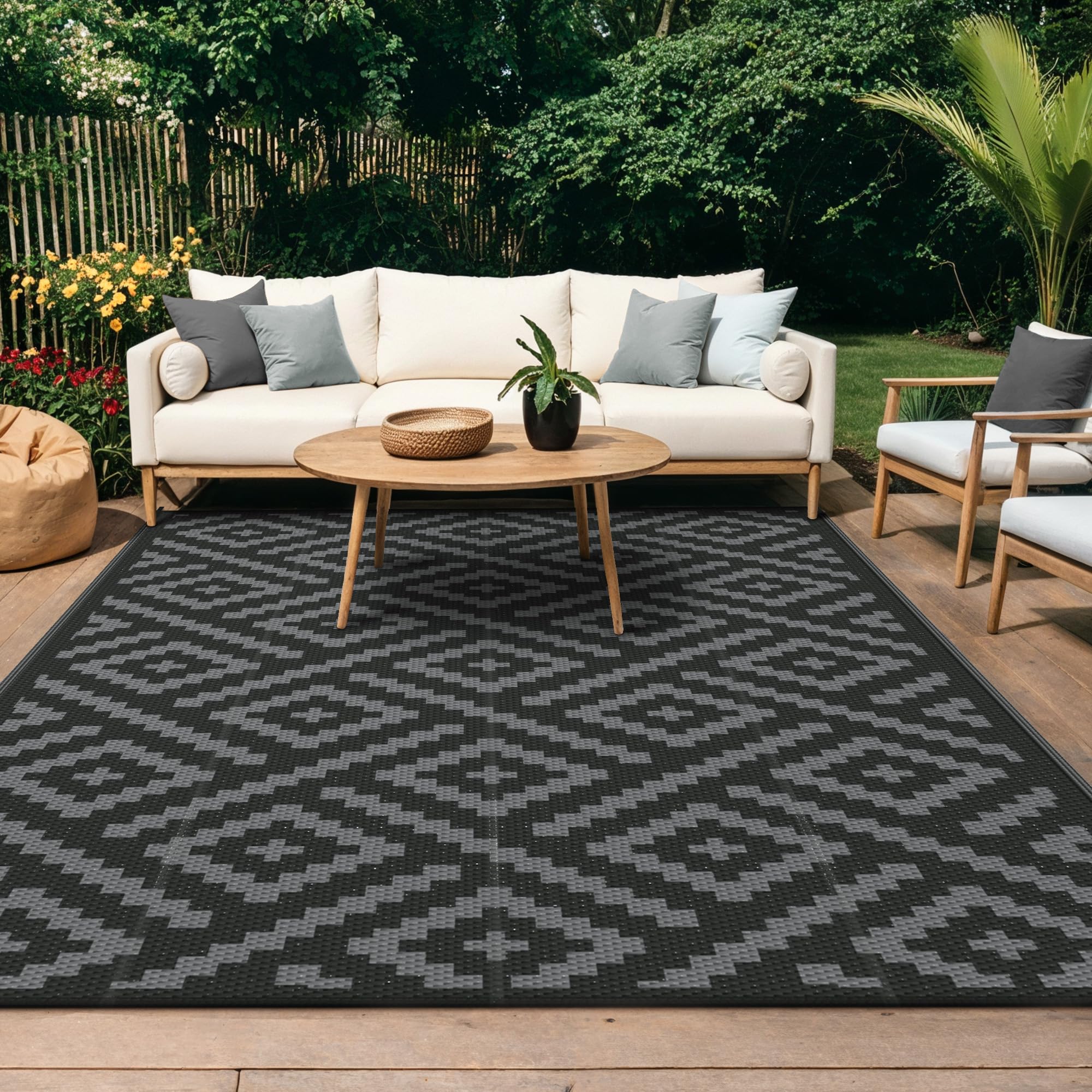GENIMO Outdoor Rug 275x365cm – Large Reversible Waterproof Garden Rug, Washable Patio Carpet, UV Resistant, Recycled Plastic, Modern Outdoor Mat for Picnic, Backyard, Black & Grey